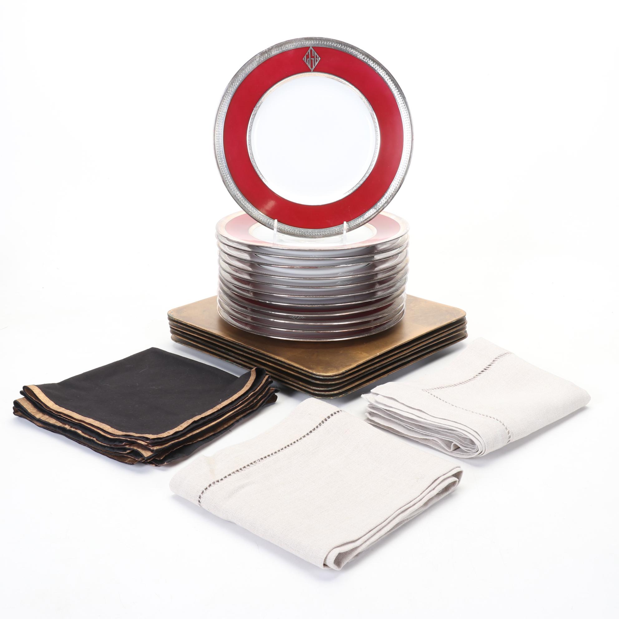 Ruby Red Accented Dinner Plates, Gold Tone Chargers, & Pottery Barn Table Linens