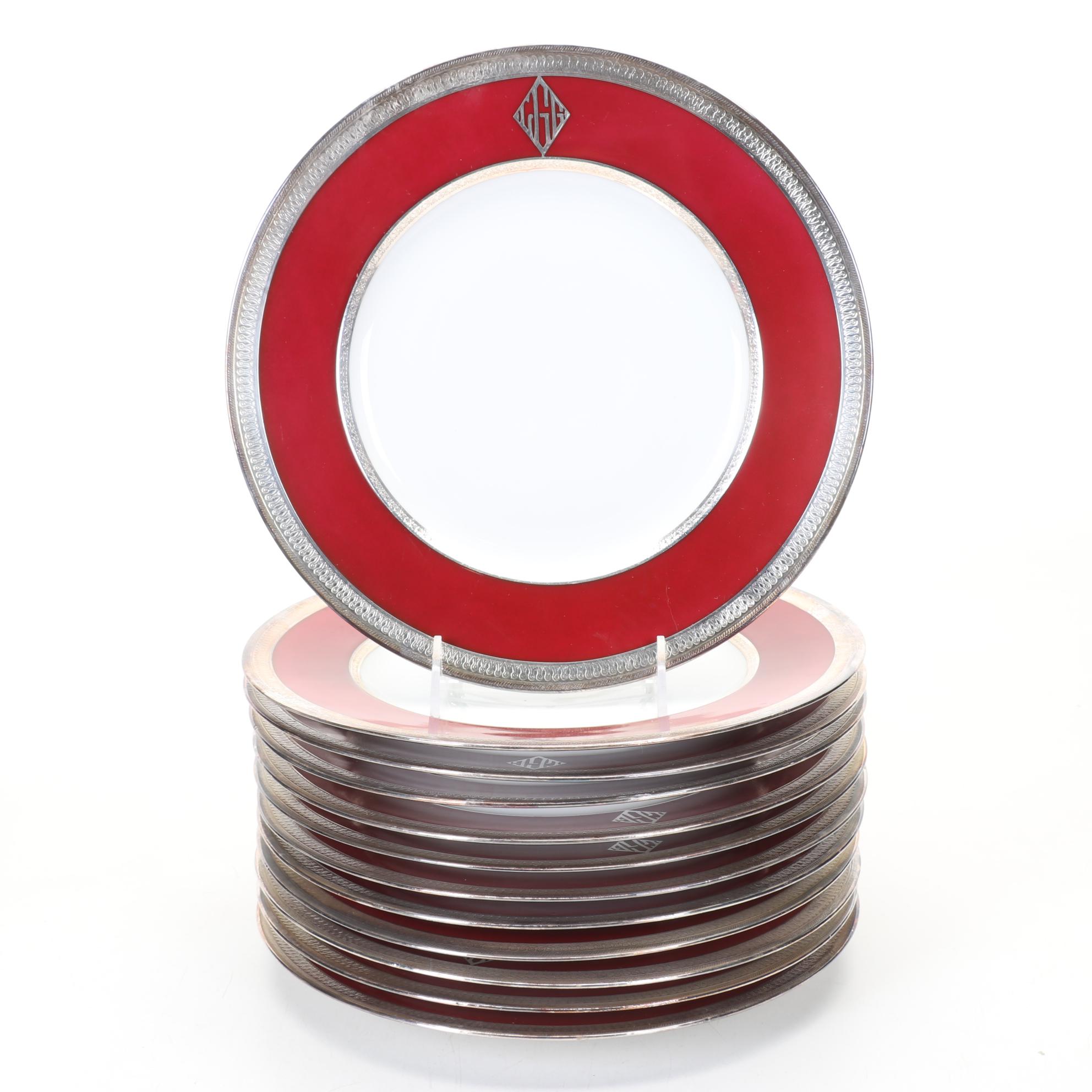 Ruby Red Accented Dinner Plates, Gold Tone Chargers, & Pottery Barn Table Linens