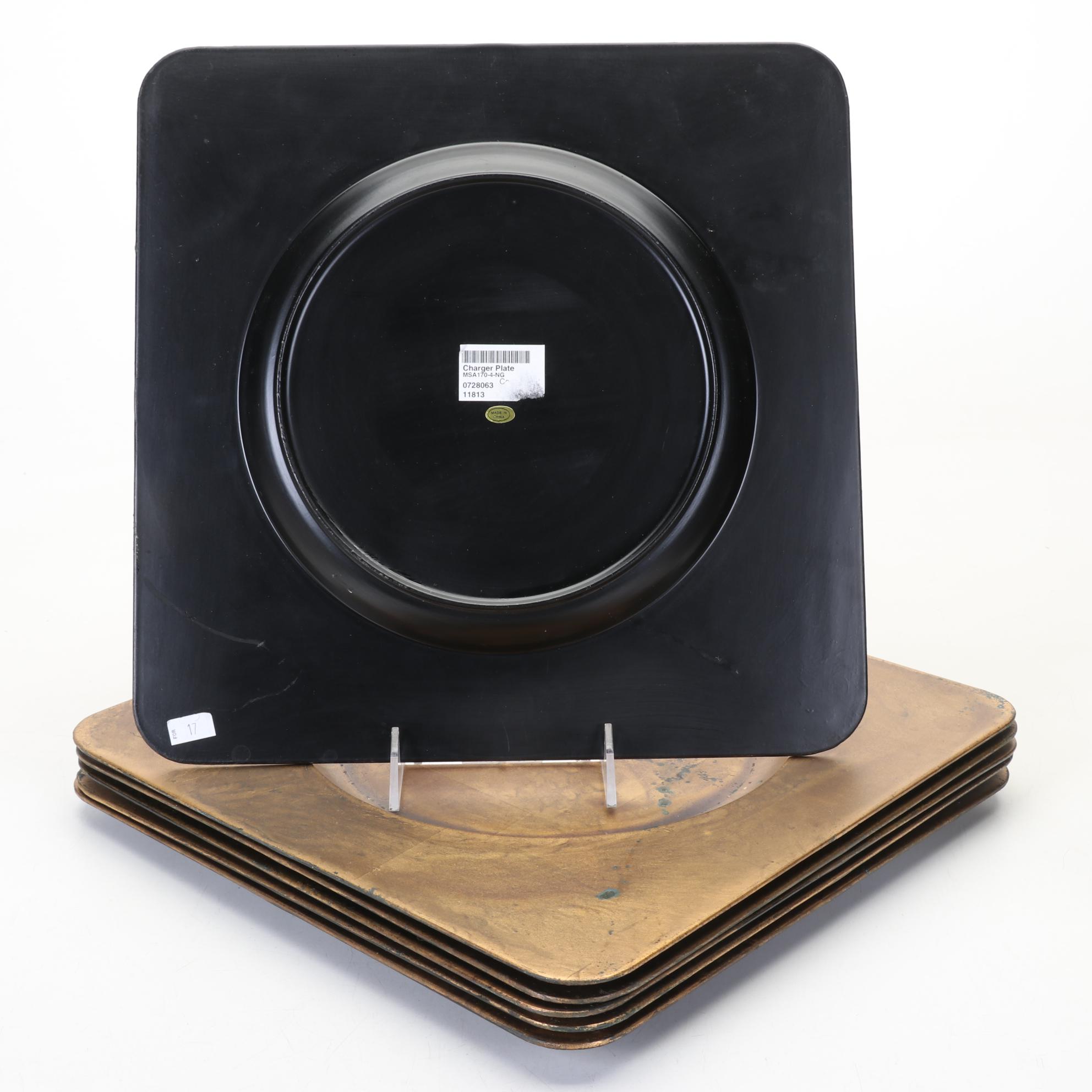 Ruby Red Accented Dinner Plates, Gold Tone Chargers, & Pottery Barn Table Linens