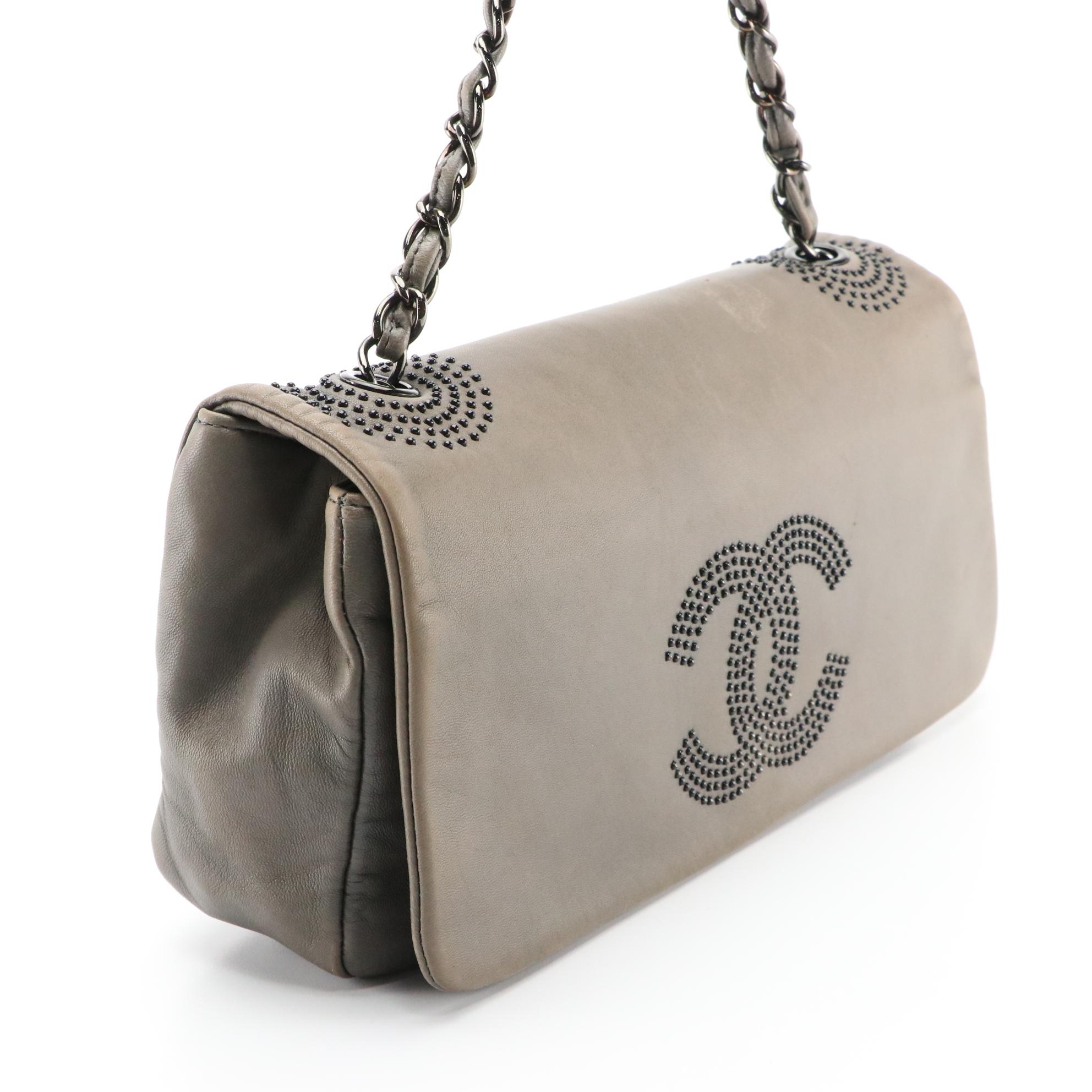 Chanel CC Studded Grey Lambskin Leather Shoulder Bag with Interwoven Chain Strap