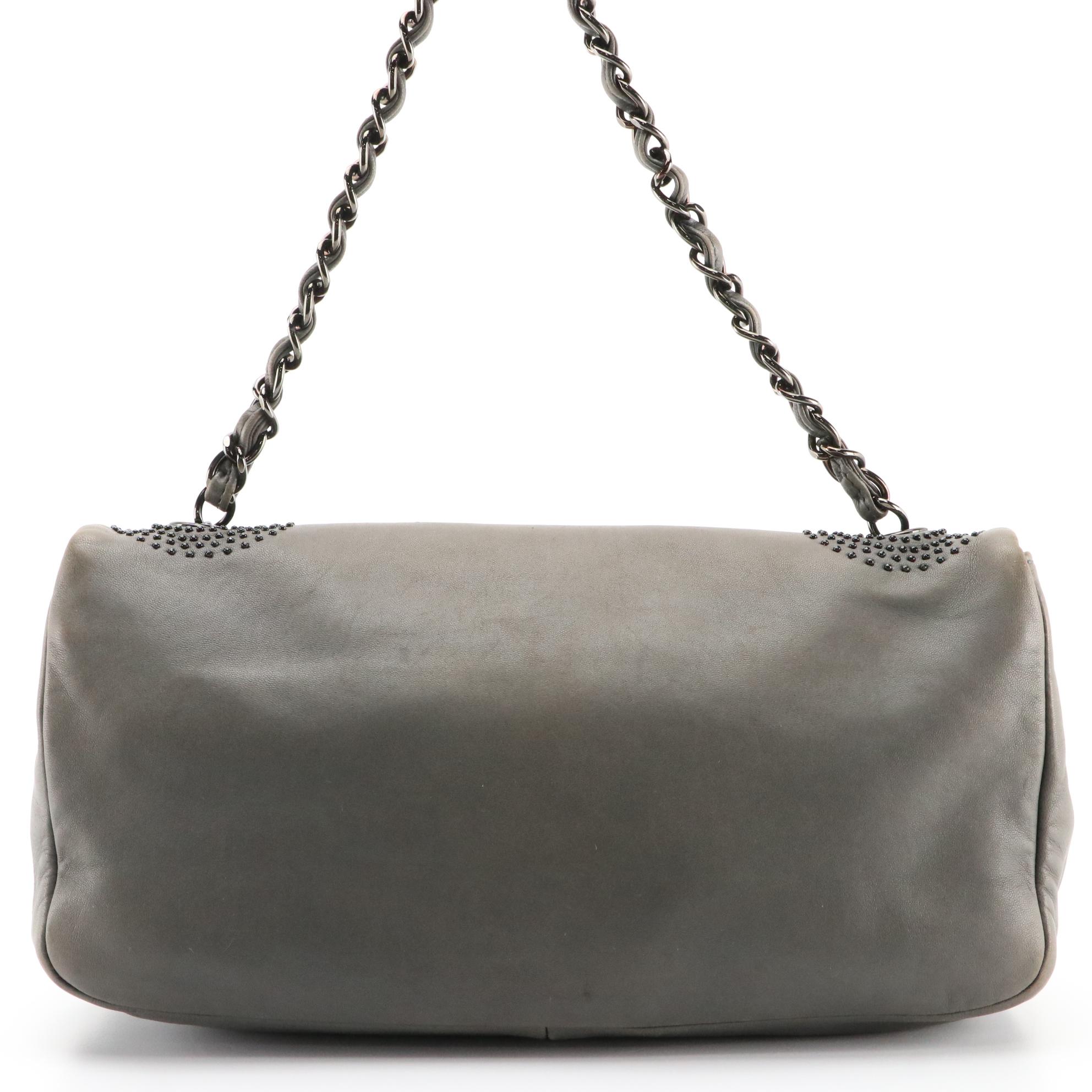 Chanel CC Studded Grey Lambskin Leather Shoulder Bag with Interwoven Chain Strap