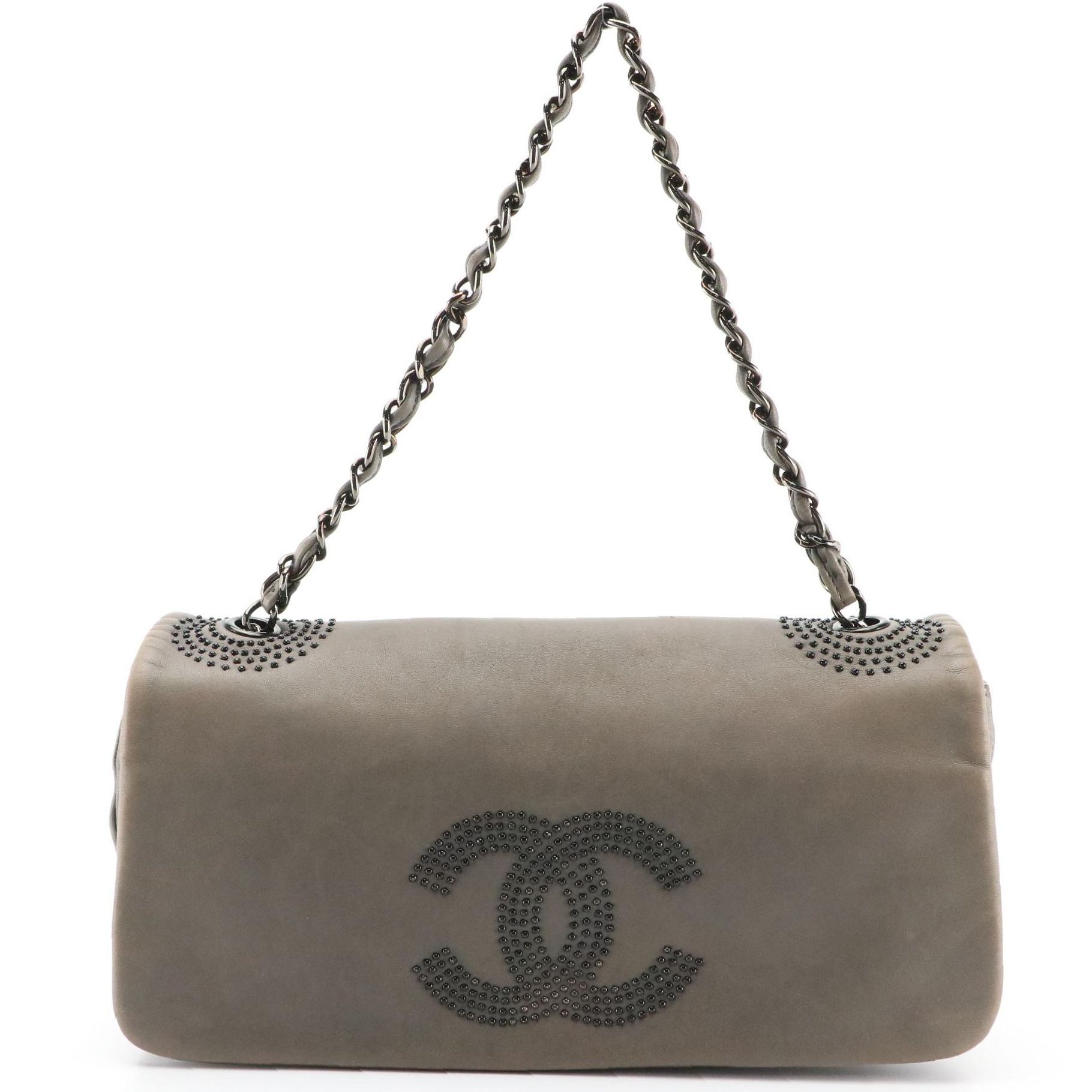 Chanel CC Studded Grey Lambskin Leather Shoulder Bag with Interwoven Chain Strap