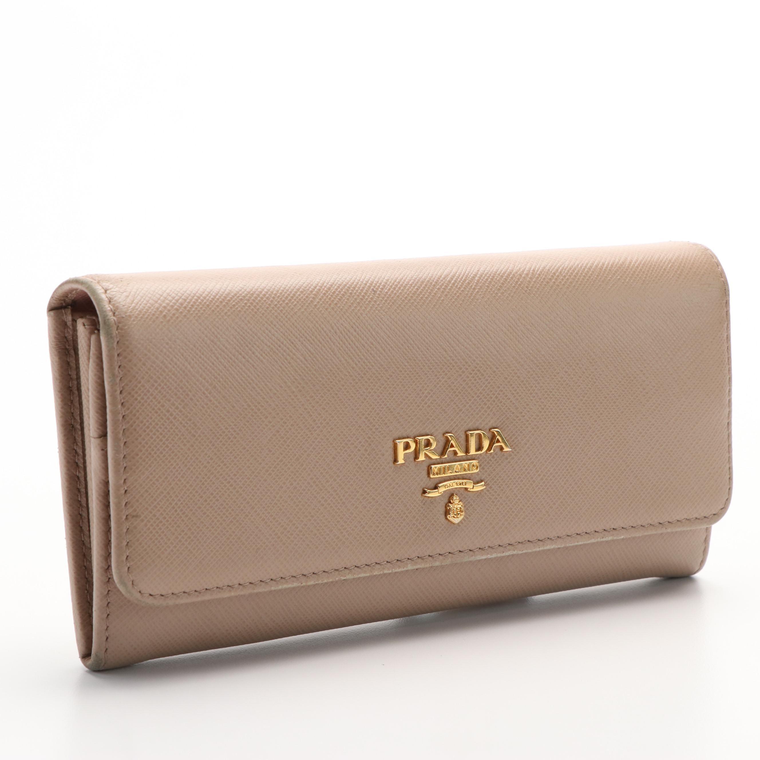 Prada Bifold Long Wallet in Beige Saffiano Leather