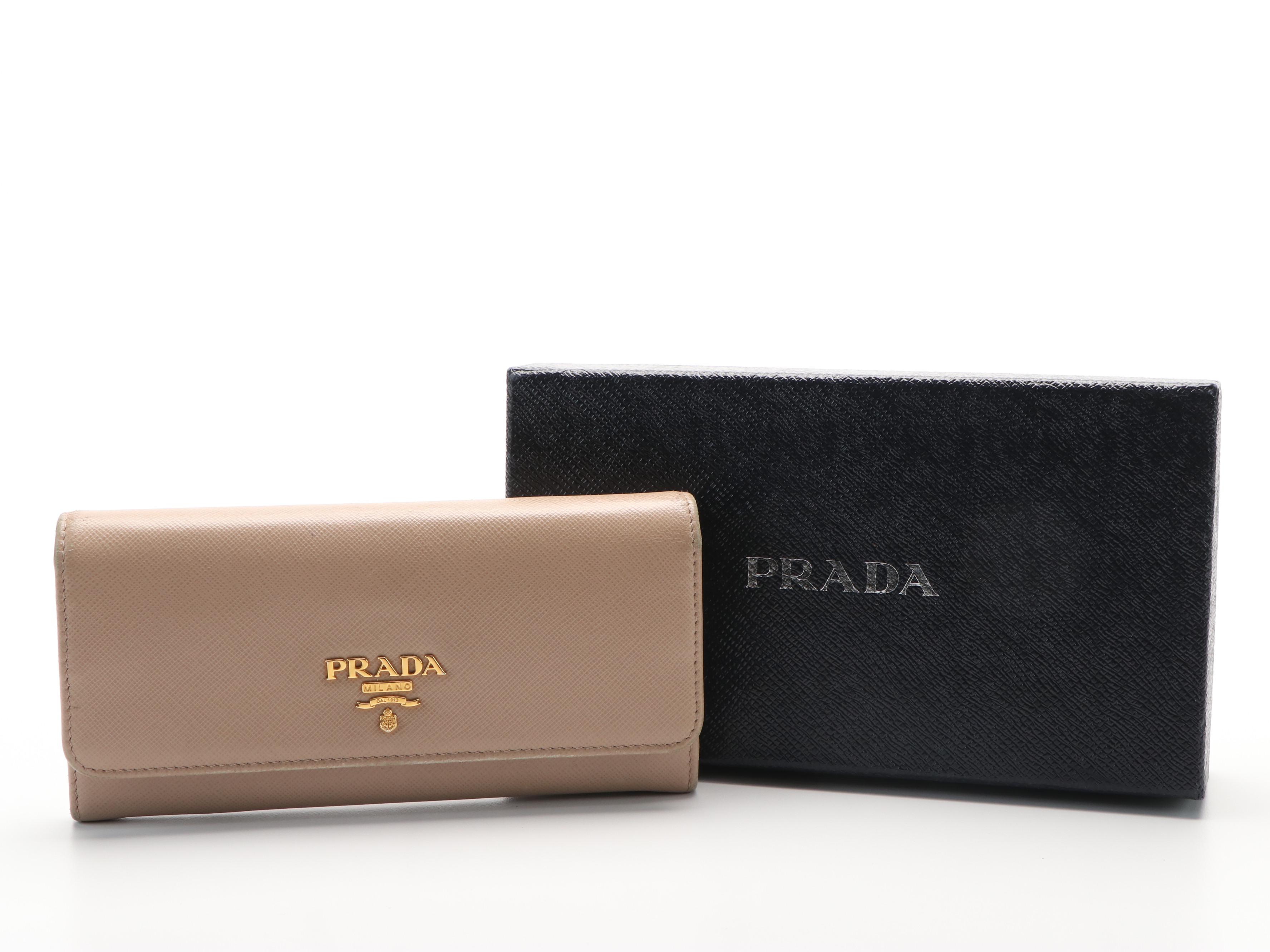 Prada Bifold Long Wallet in Beige Saffiano Leather
