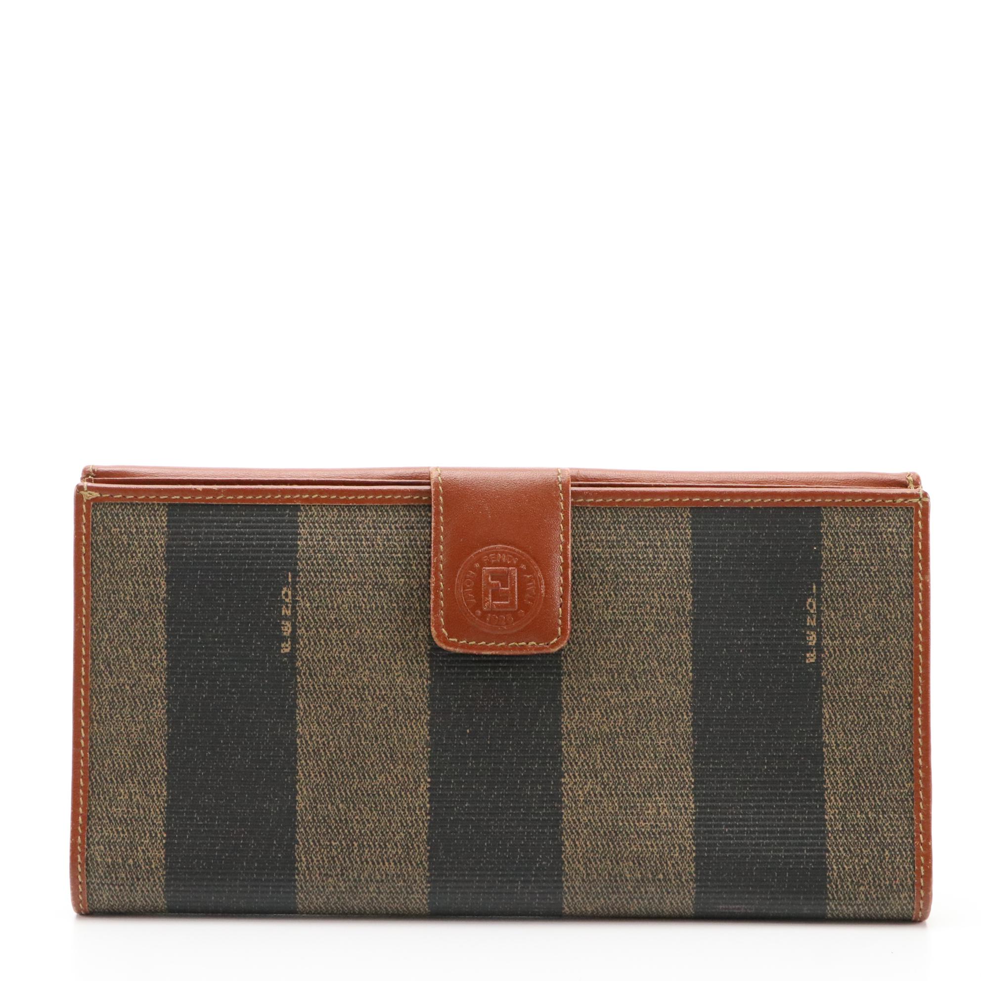 Fendi Long Wallet in Pequin Coated Canvas and Light Brown Leather
