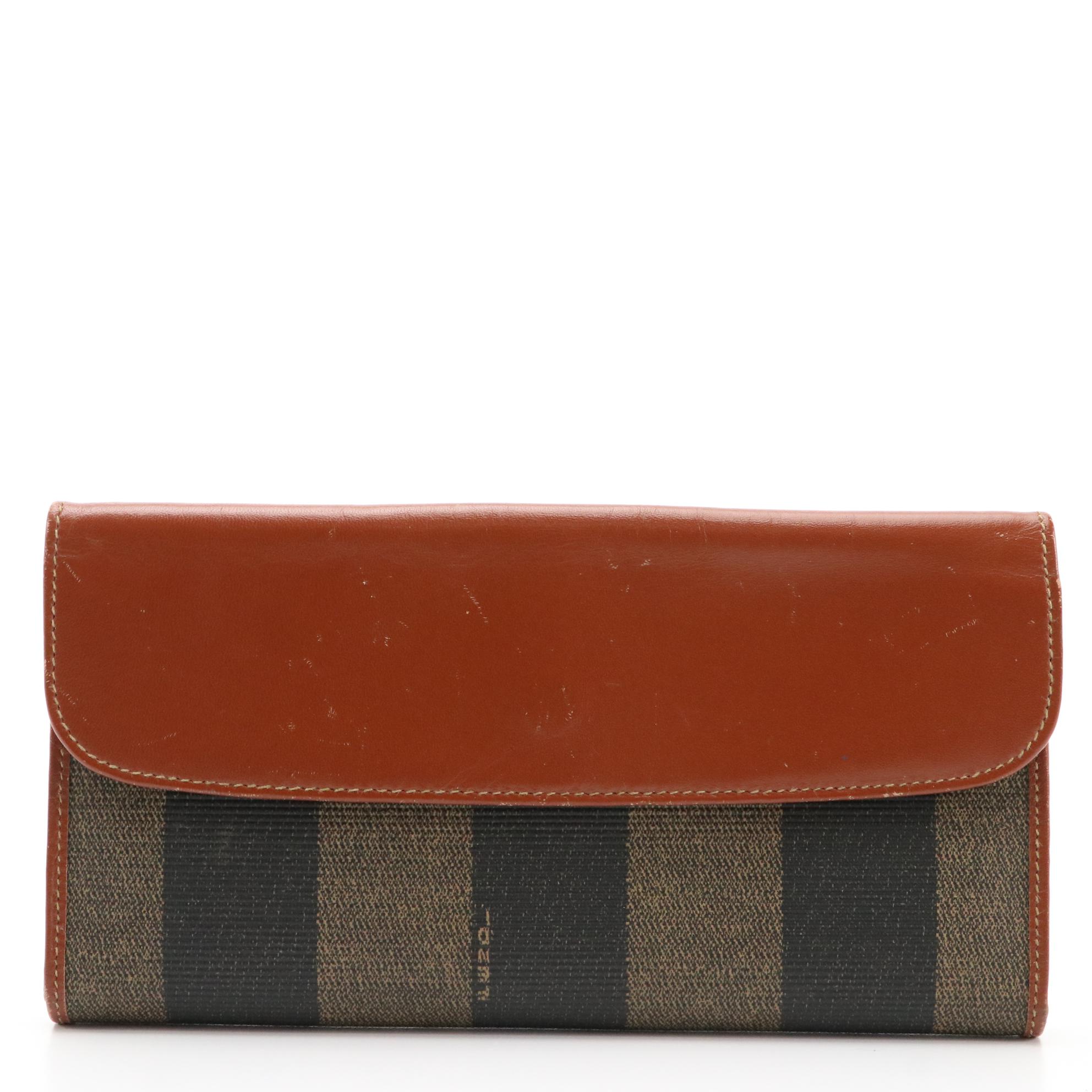 Fendi Long Wallet in Pequin Coated Canvas and Light Brown Leather