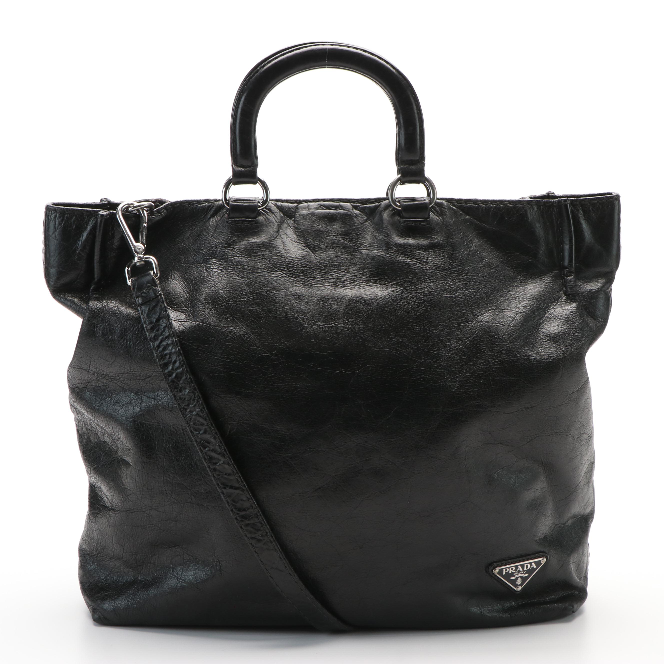 Prada Vitello Daino Black Calfskin Convertible Shopper Tote