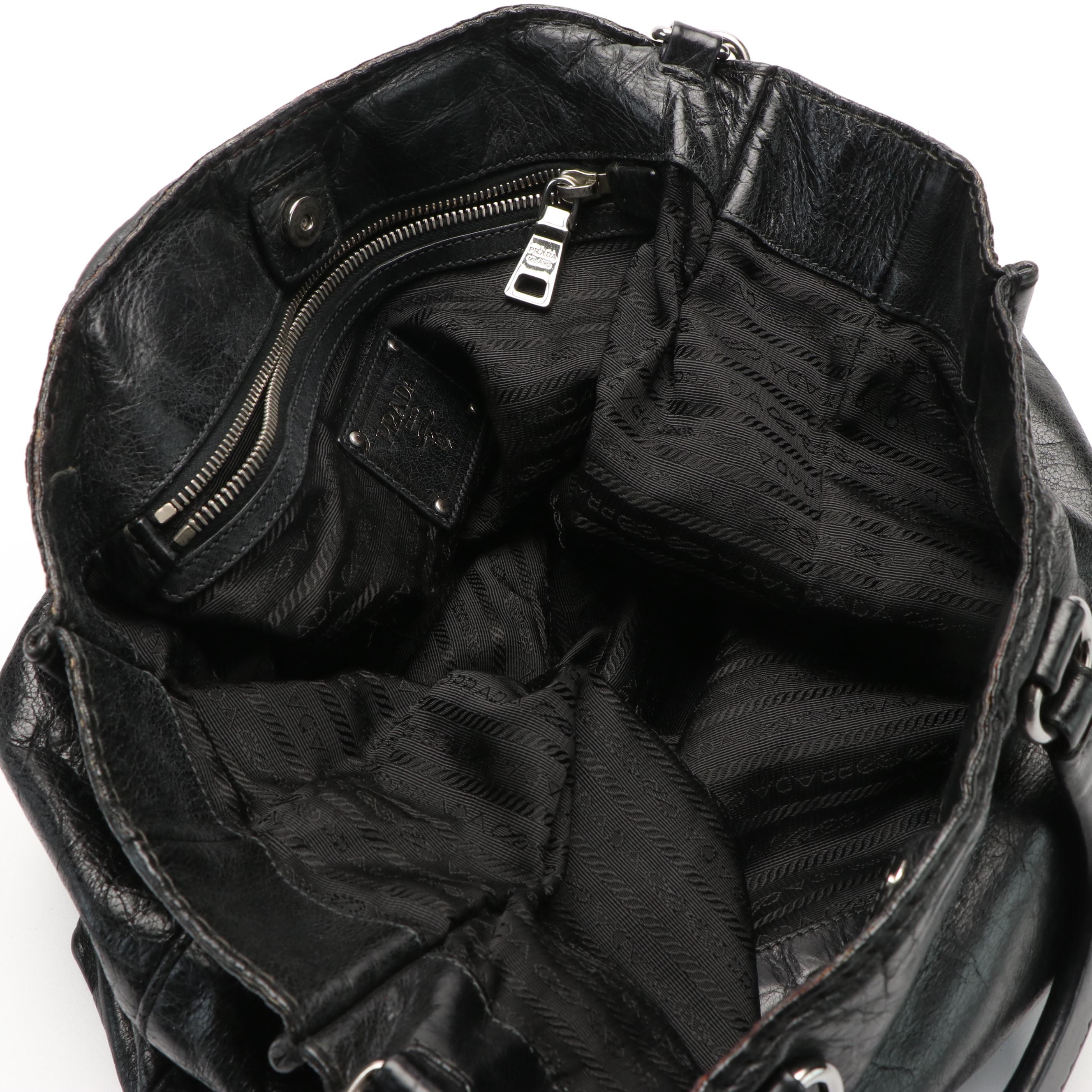 Prada Vitello Daino Black Calfskin Convertible Shopper Tote