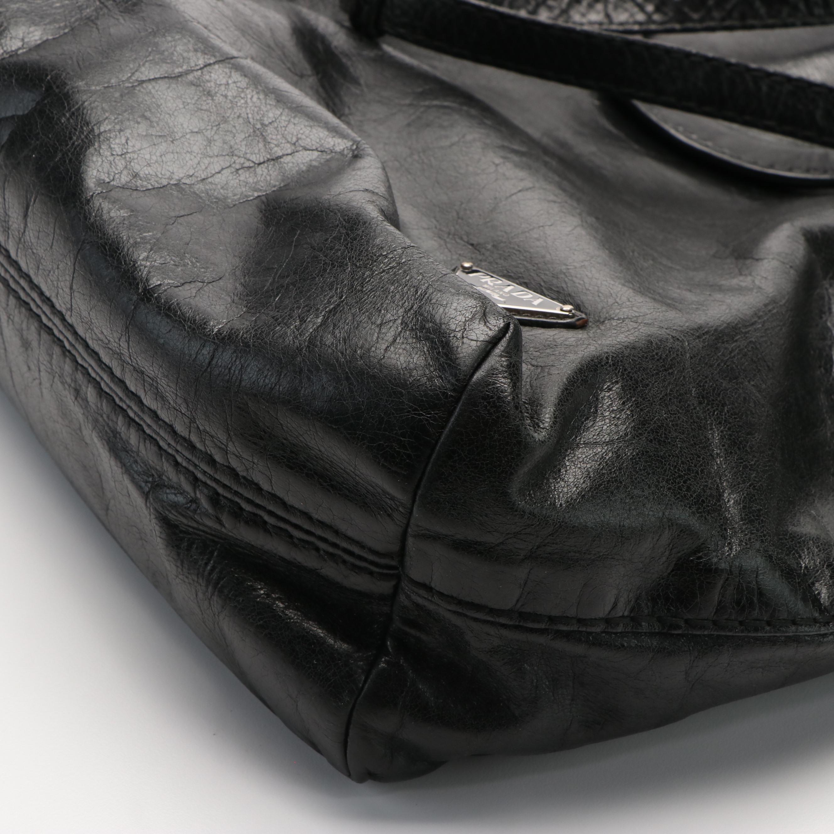 Prada Vitello Daino Black Calfskin Convertible Shopper Tote