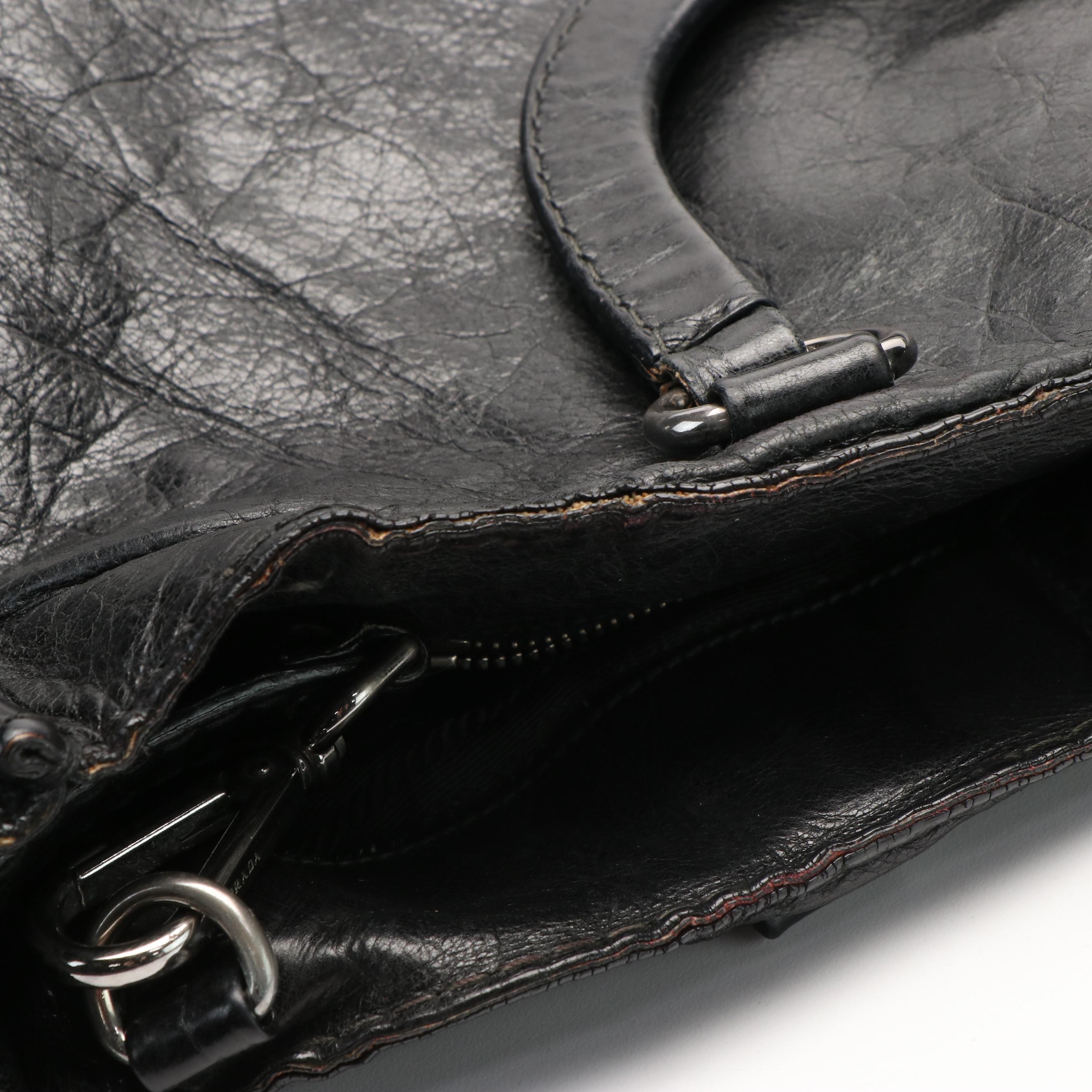 Prada Vitello Daino Black Calfskin Convertible Shopper Tote