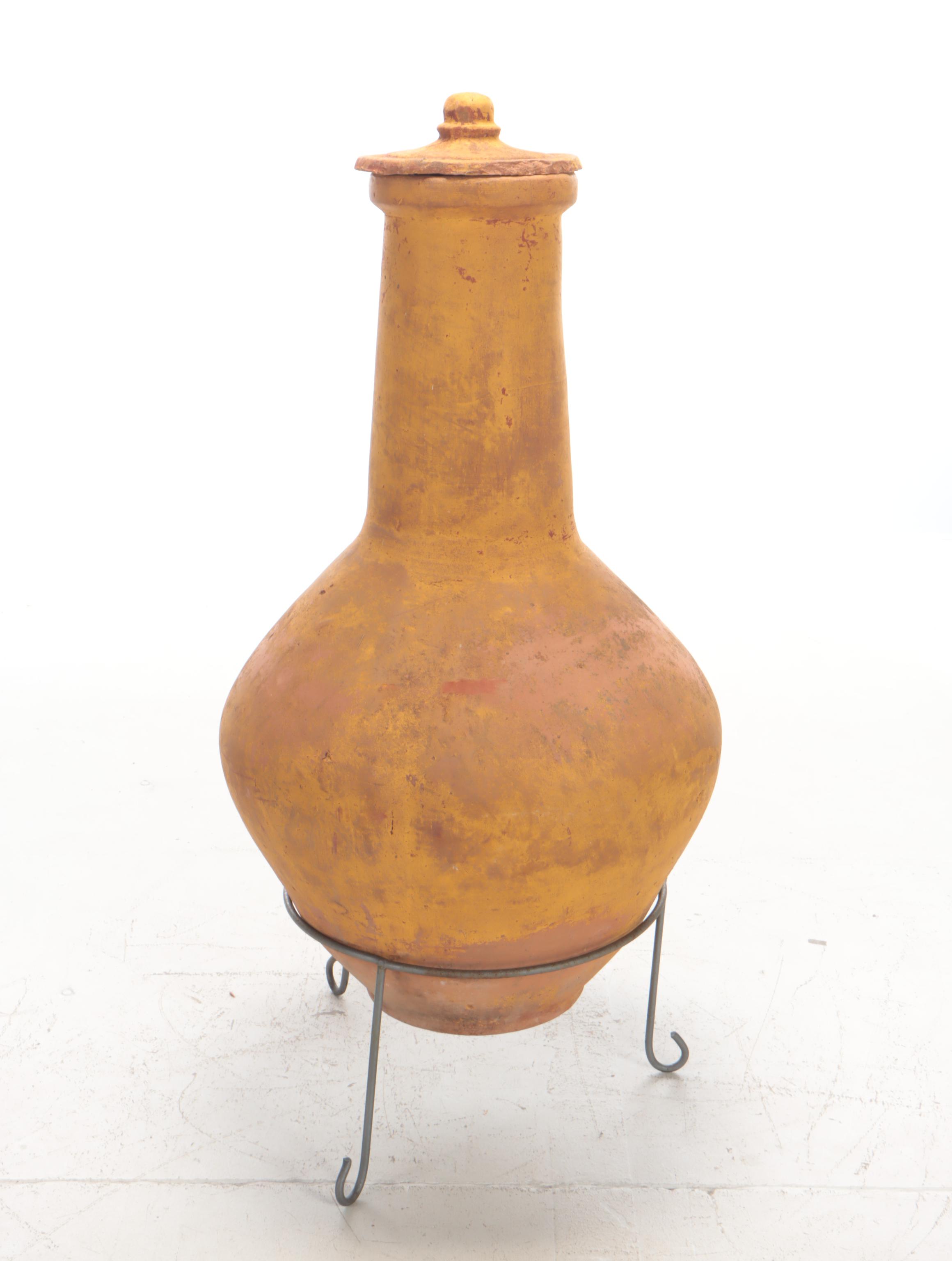 Hand-Crafted Earthenware Chiminea With Metal Stand