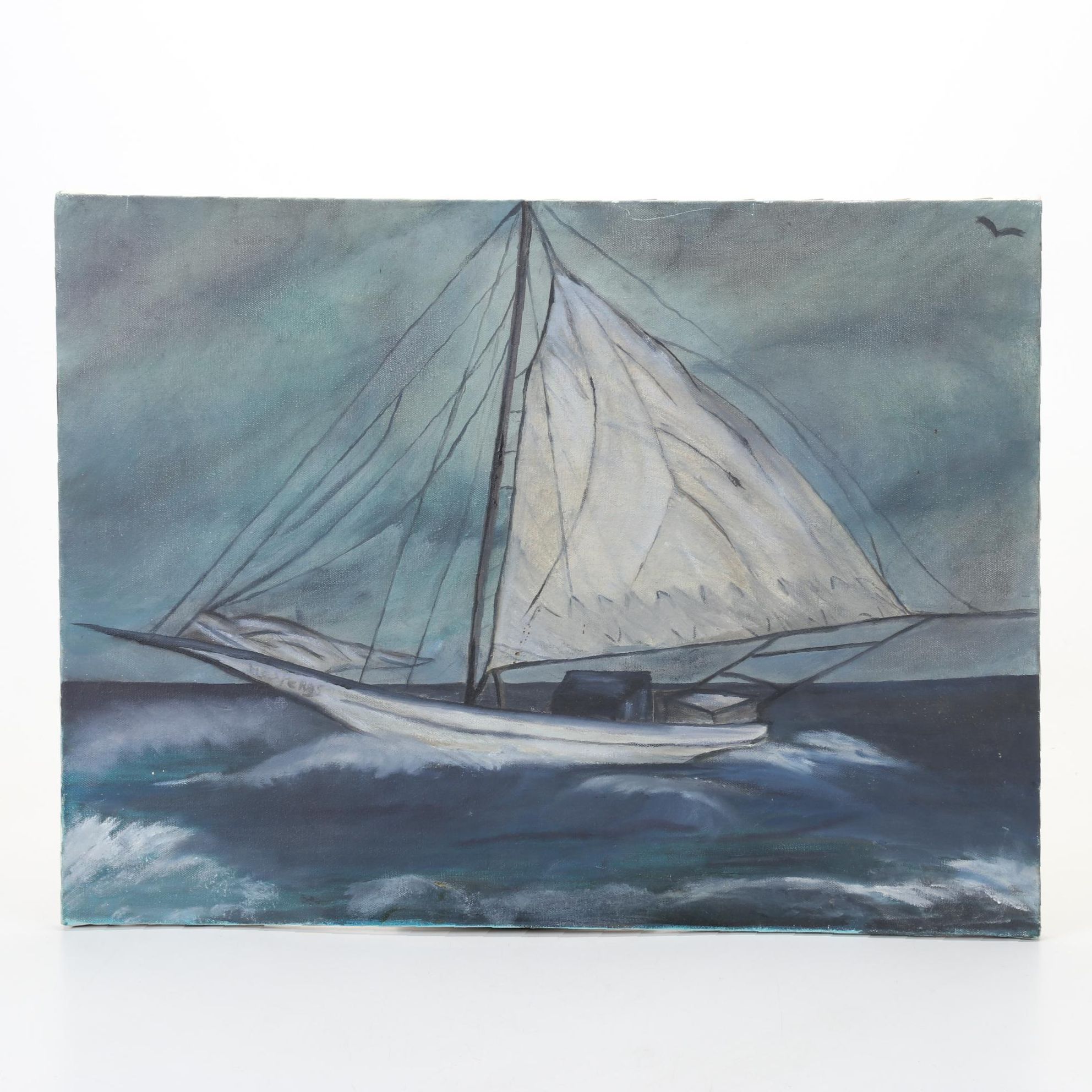Maritime Oil Painting of Sailboat Riding Wave