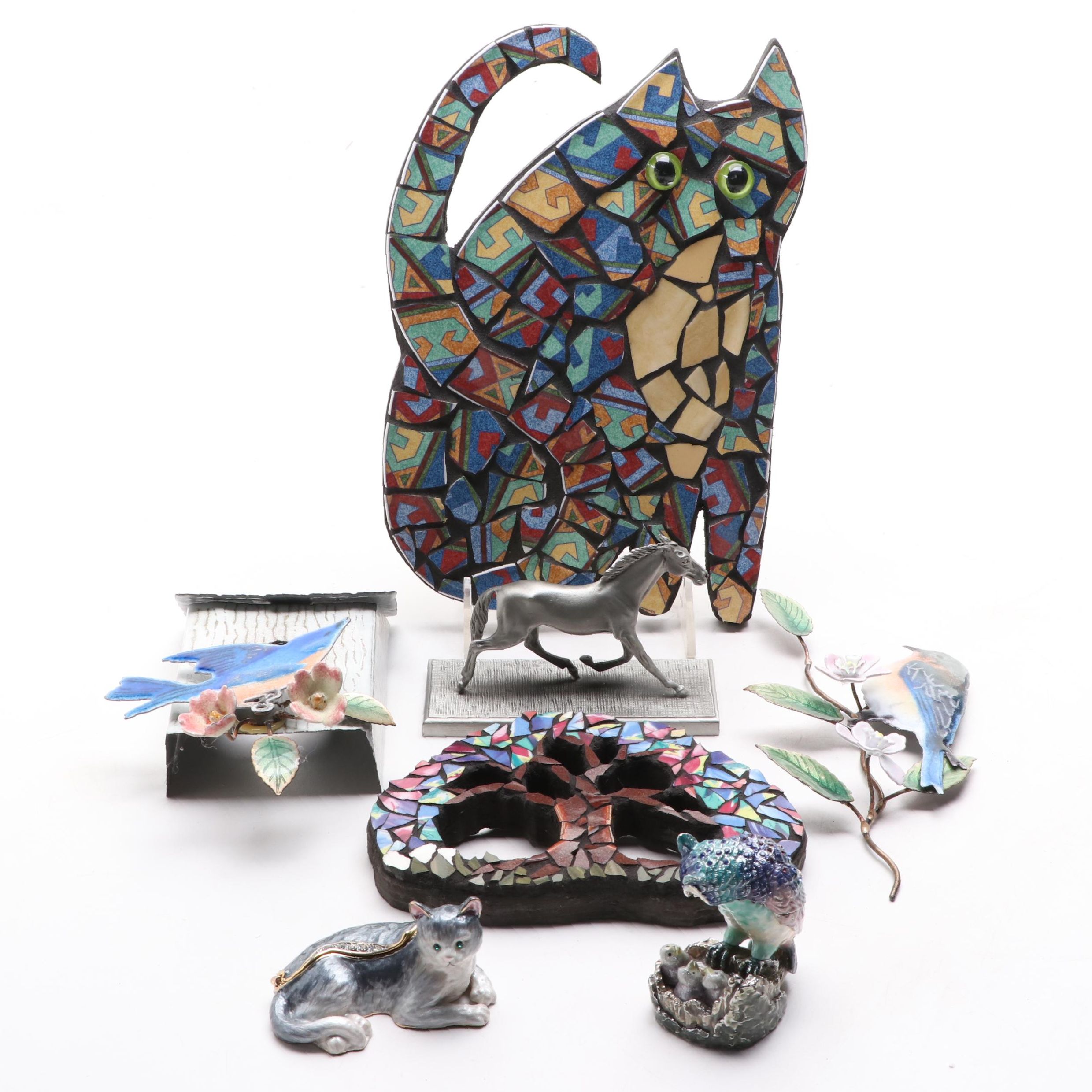 Bovano Enamelled Metal Bird Wall Sculptures with Mosaic Wall Art and Metal Décor