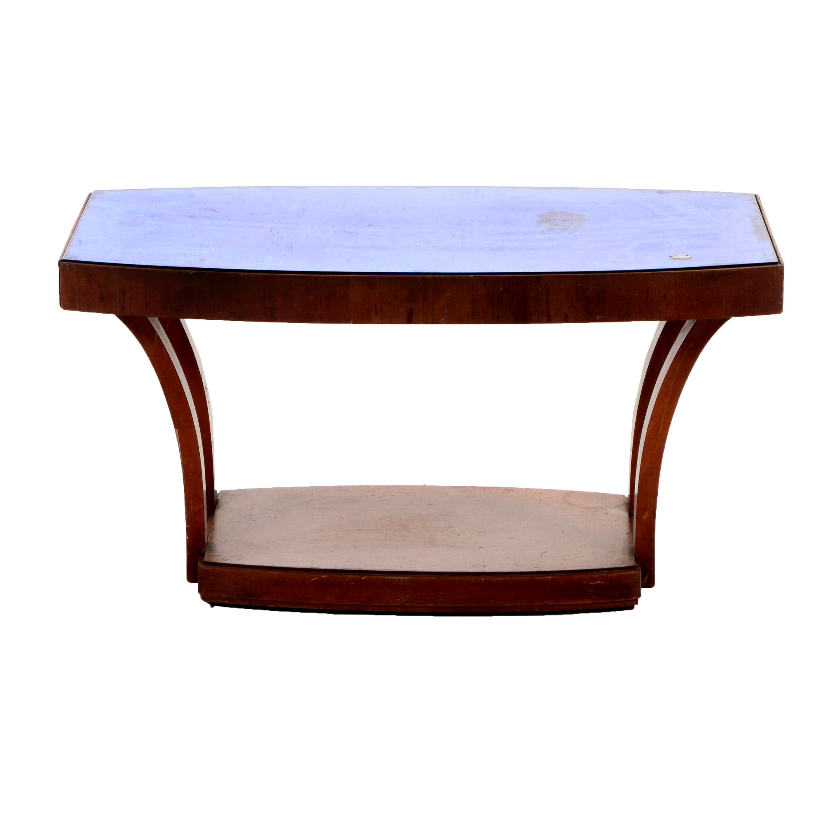 Art Deco Walnut and Blue Mirrored Glass Coffee Table, circa 1940