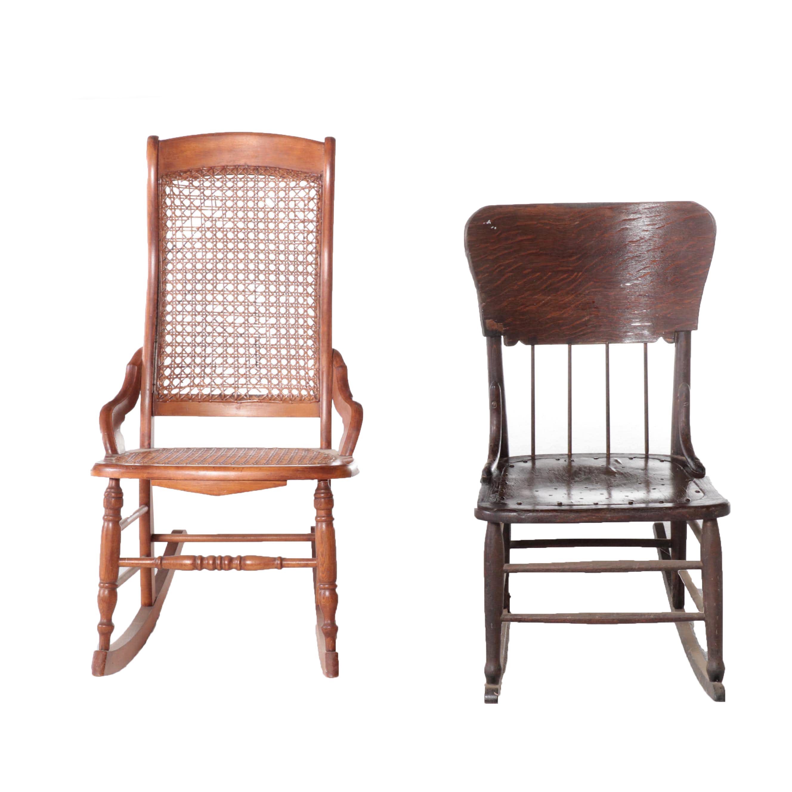 Victorian Caned Rocker and Quartersawn Oak Example, Late 19th/Early 20th Century