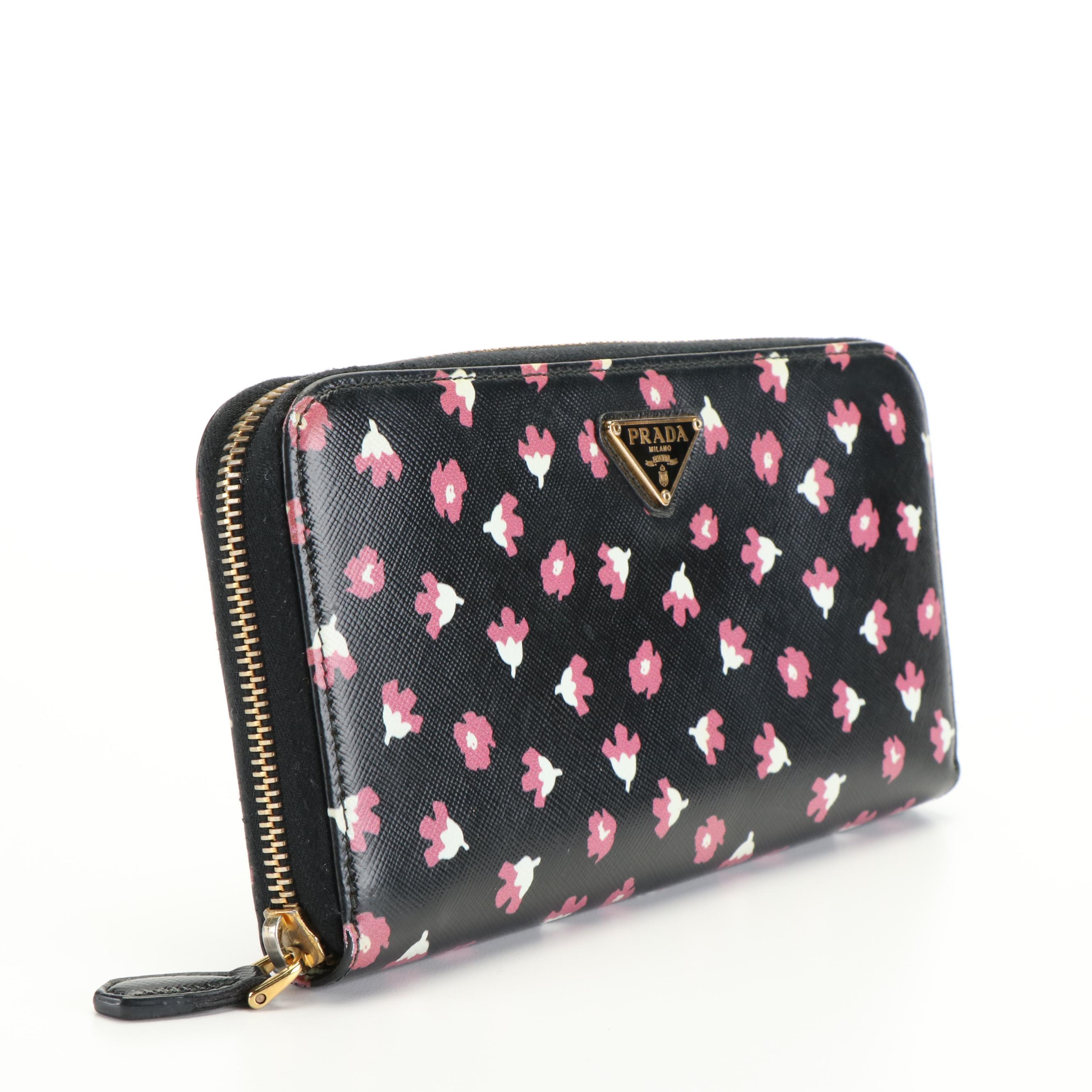 Prada Pink and White Floral on Black Leather Zip Around Wallet