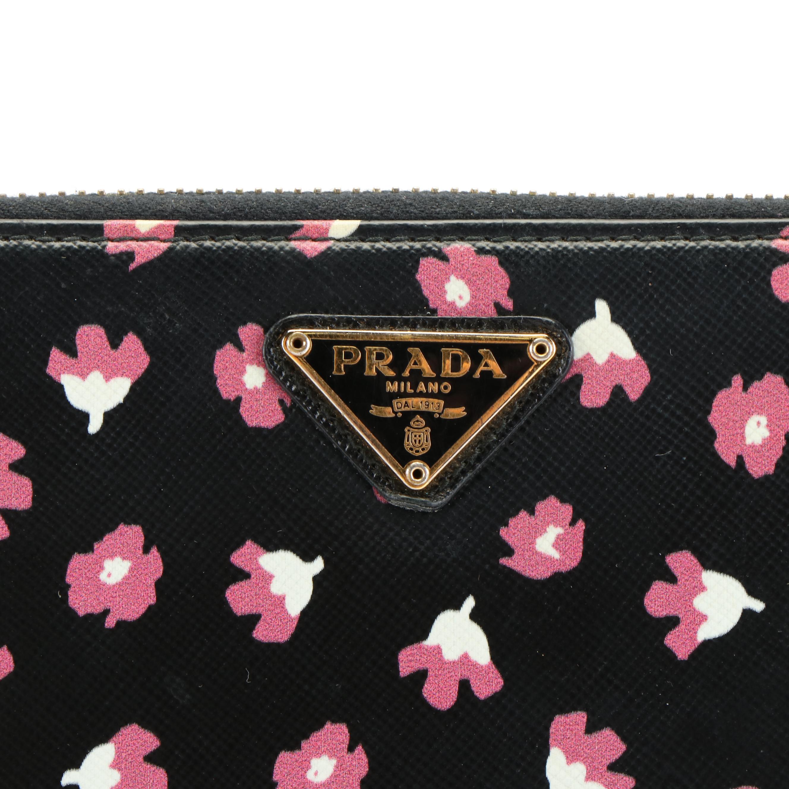 Prada Pink and White Floral on Black Leather Zip Around Wallet