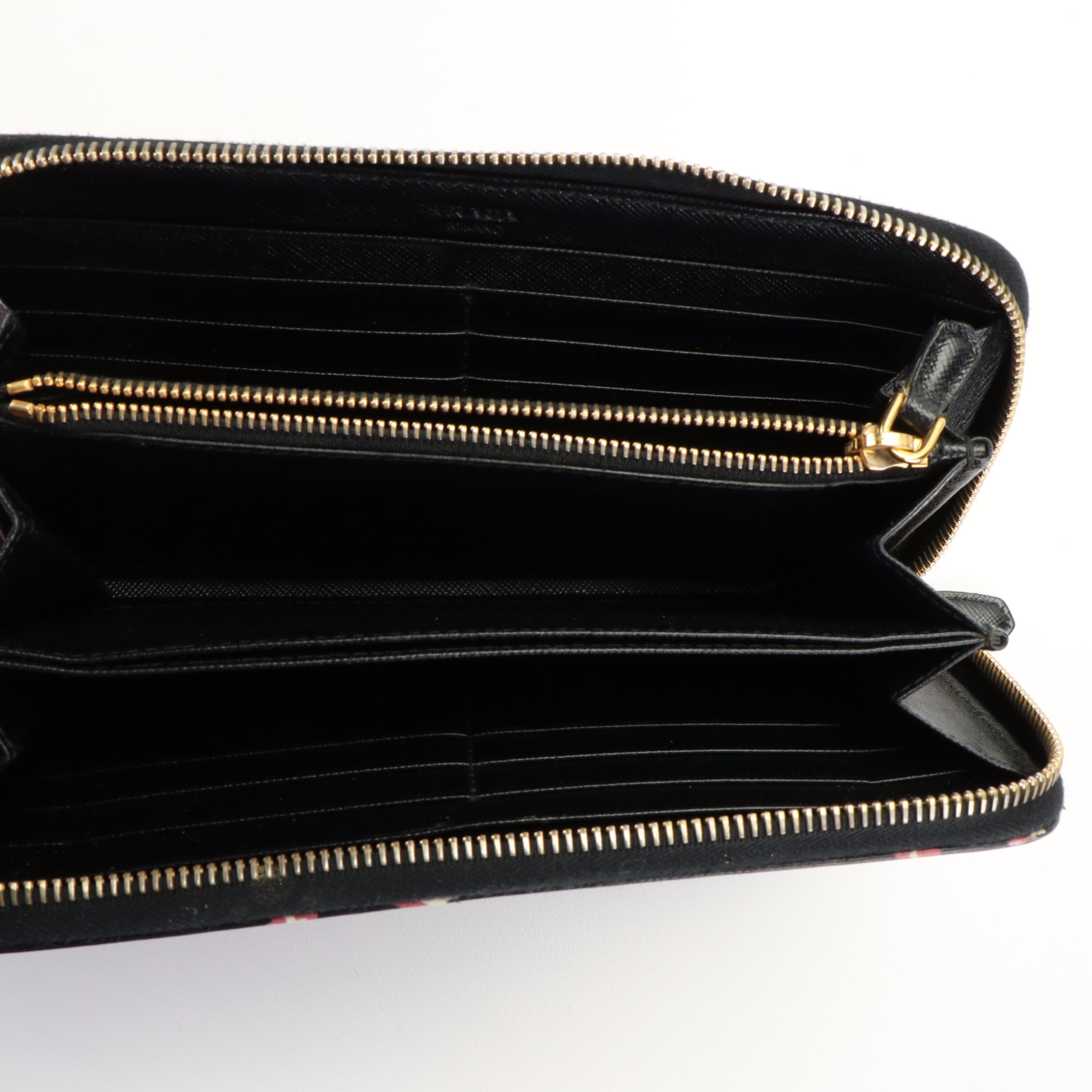 Prada Pink and White Floral on Black Leather Zip Around Wallet