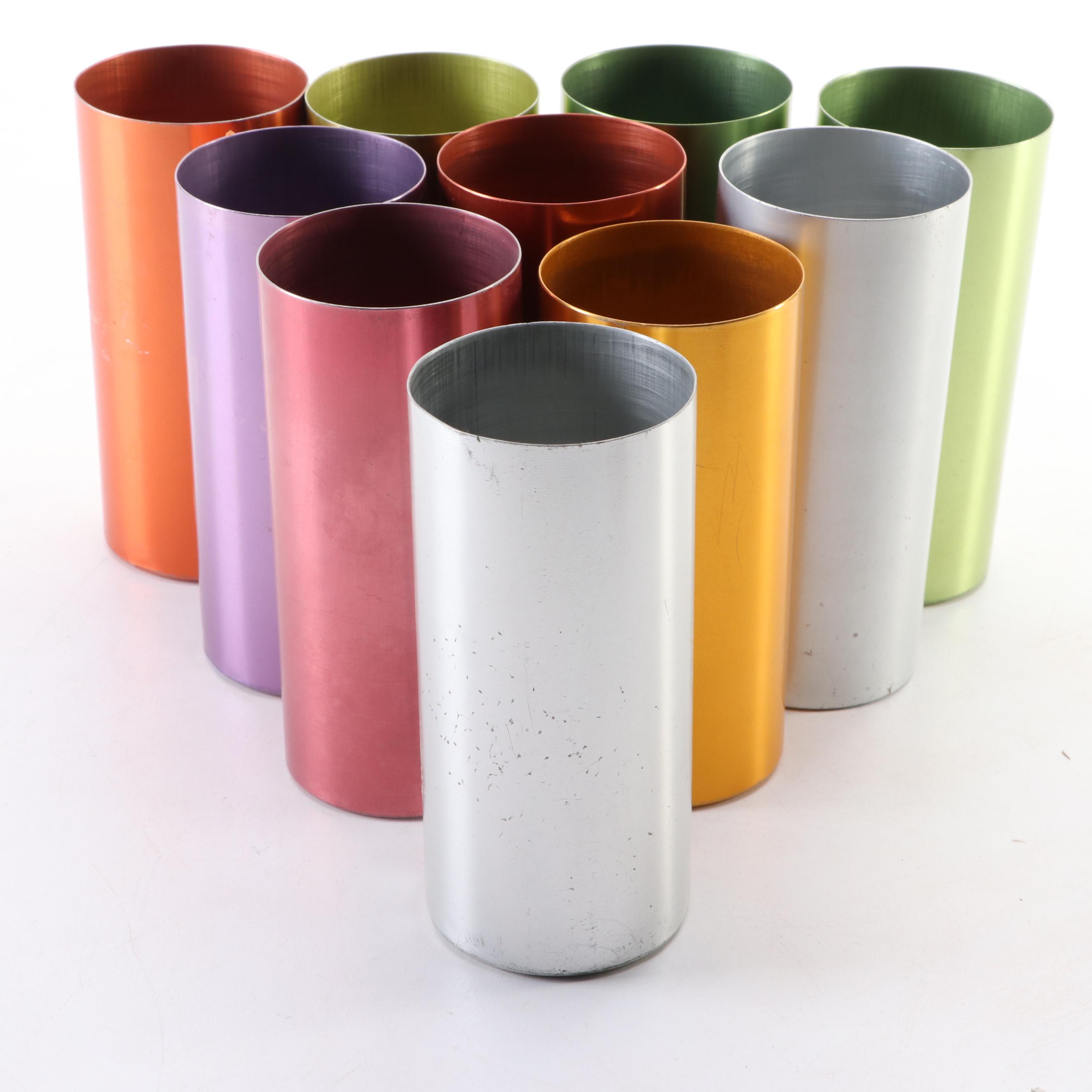 Russel Wright Earthenware Dishes with Perma Hues Metallic Aluminum Tumblers