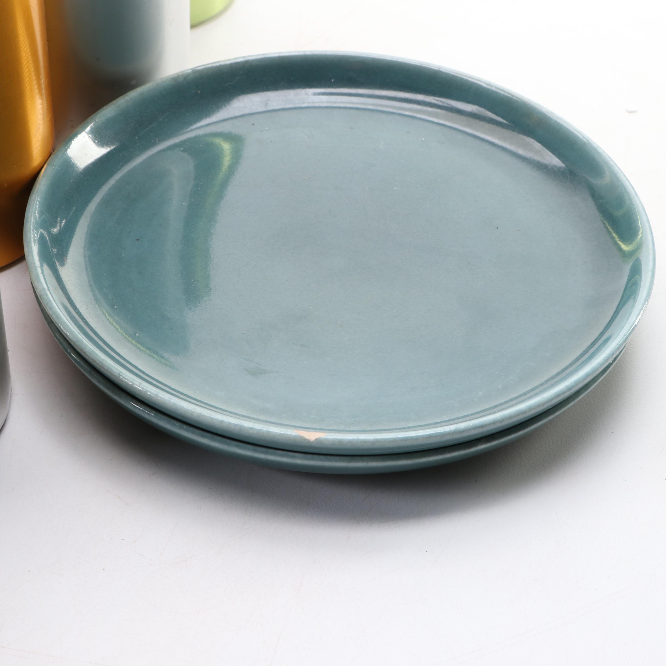 Russel Wright Earthenware Dishes with Perma Hues Metallic Aluminum Tumblers