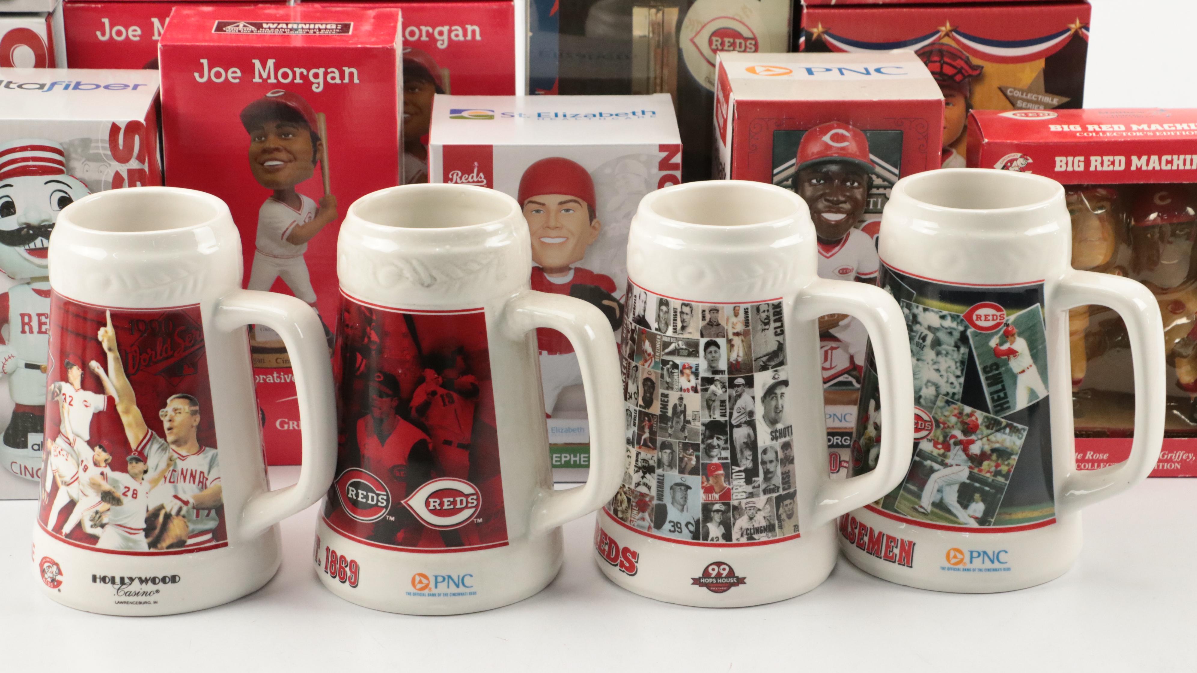 Cincinnati Reds Bobbleheads with Beer Steins, Pez Dispenser, and More