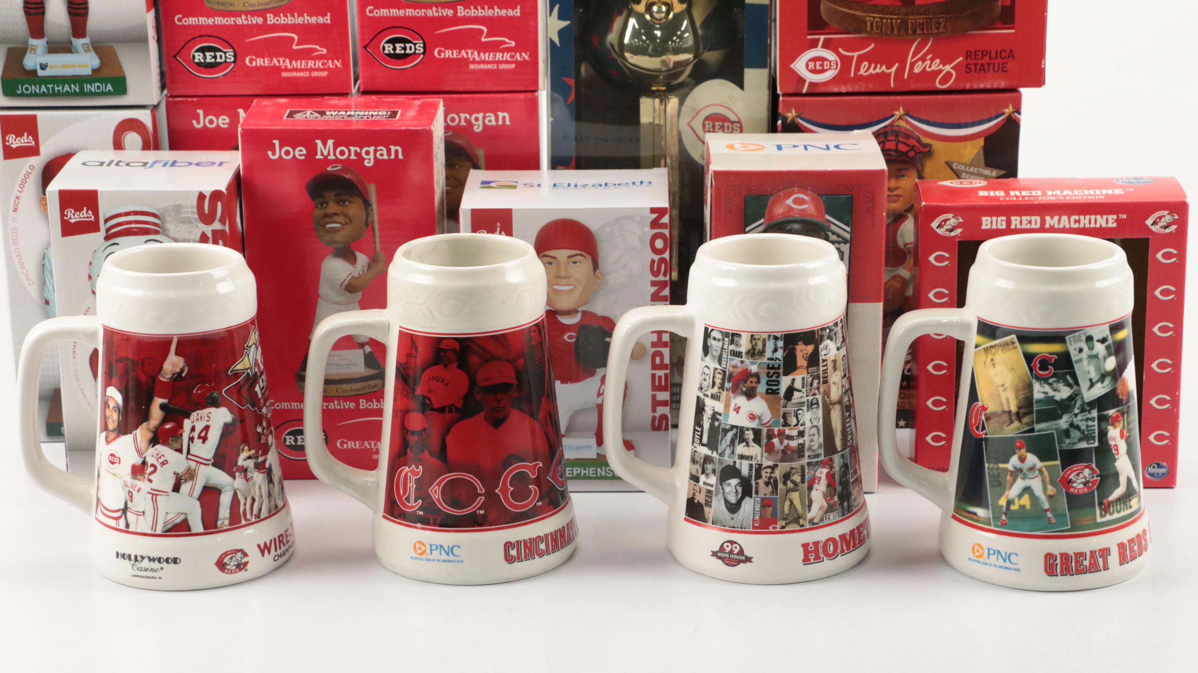 Cincinnati Reds Bobbleheads with Beer Steins, Pez Dispenser, and More
