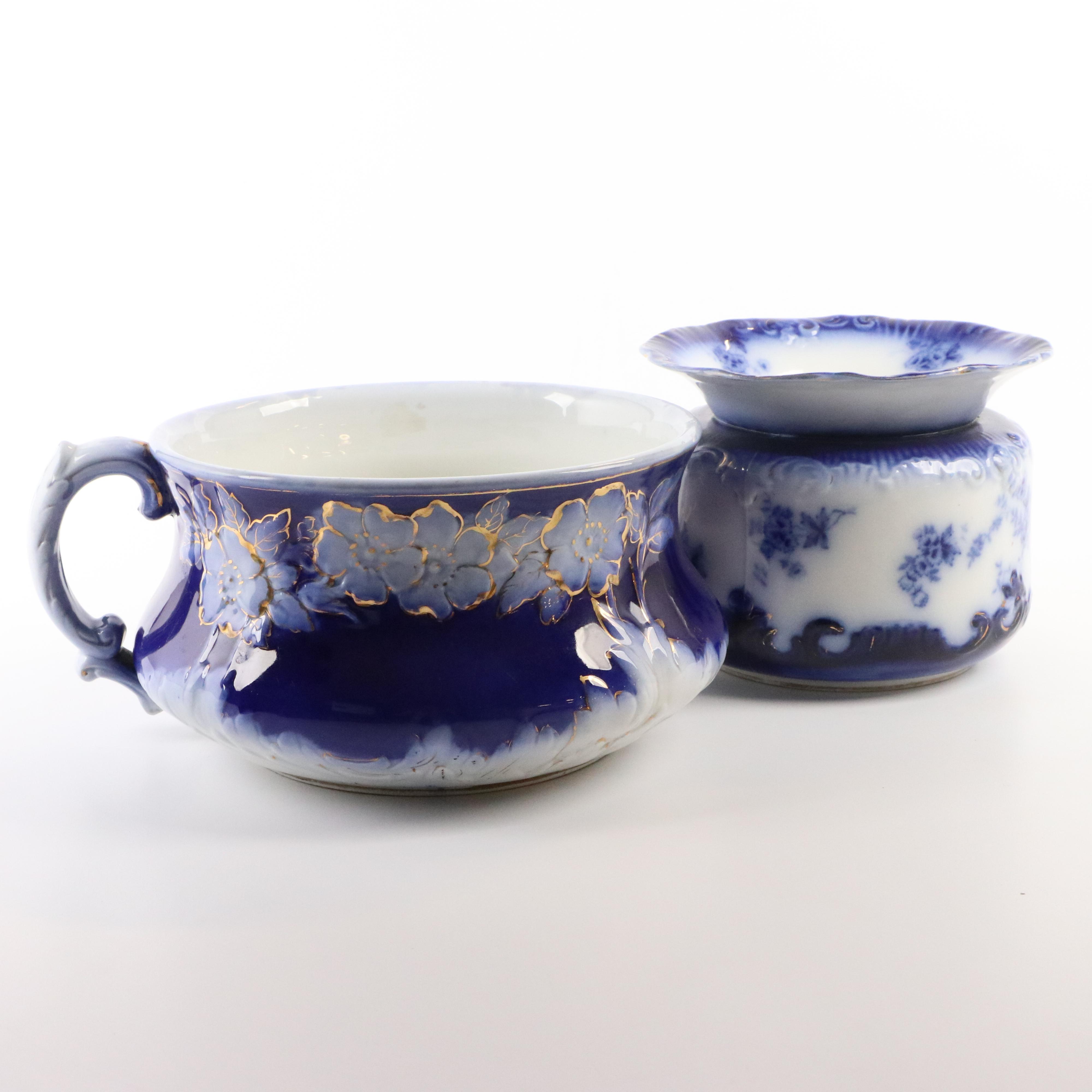 Wheeling Pottery "La Belle" Flow Blue Porcelain Spittoon and Chamber Pot