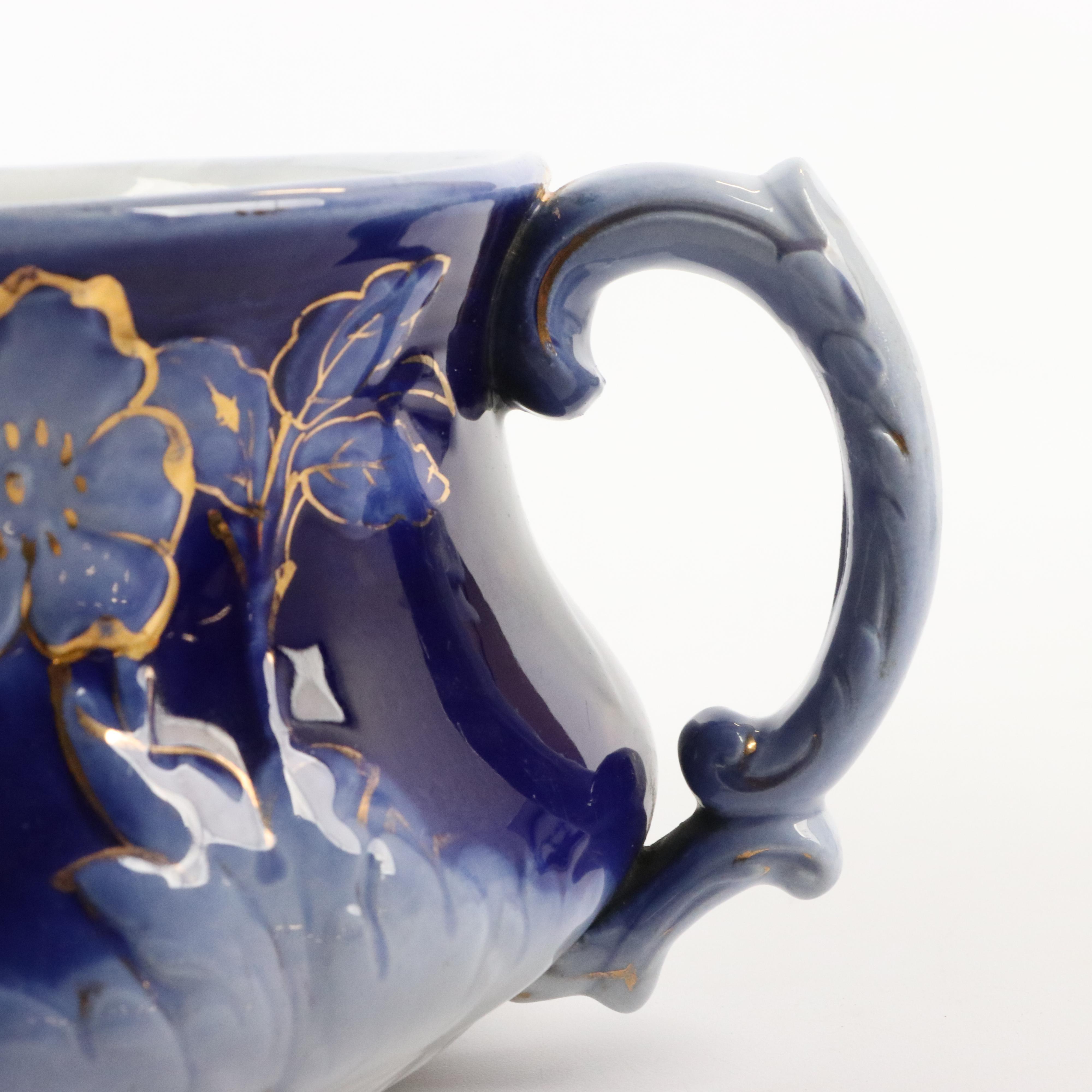 Wheeling Pottery "La Belle" Flow Blue Porcelain Spittoon and Chamber Pot