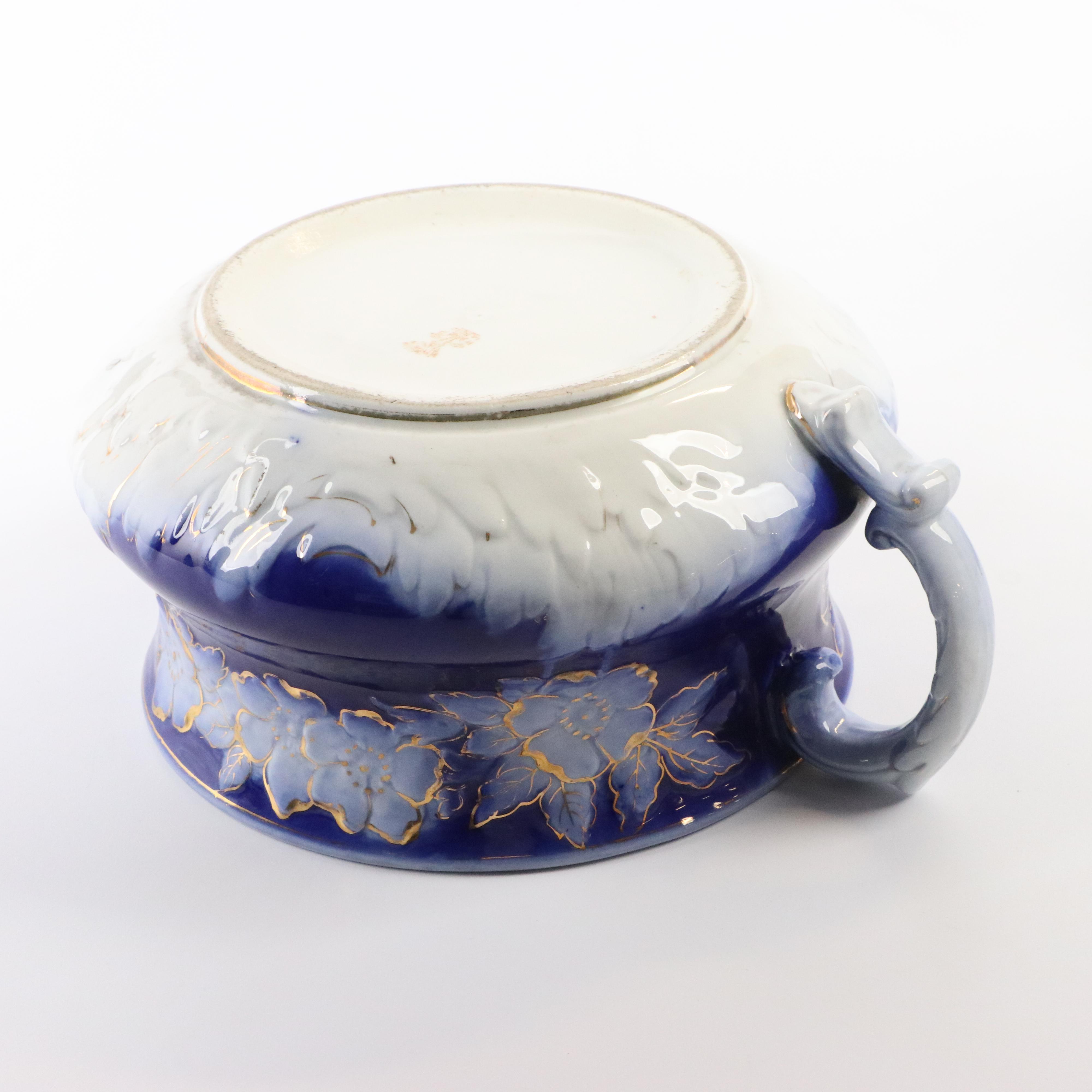 Wheeling Pottery "La Belle" Flow Blue Porcelain Spittoon and Chamber Pot