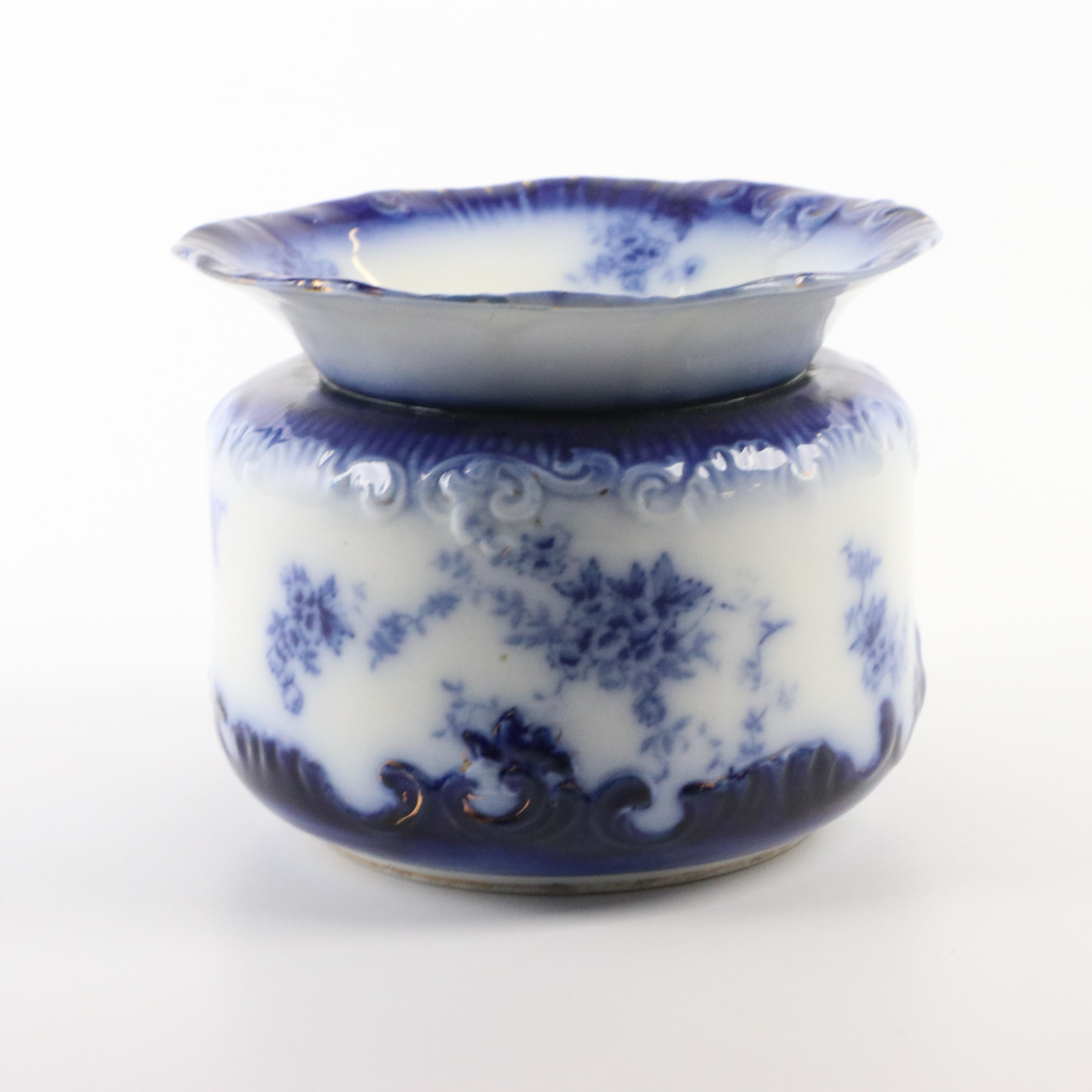 Wheeling Pottery "La Belle" Flow Blue Porcelain Spittoon and Chamber Pot