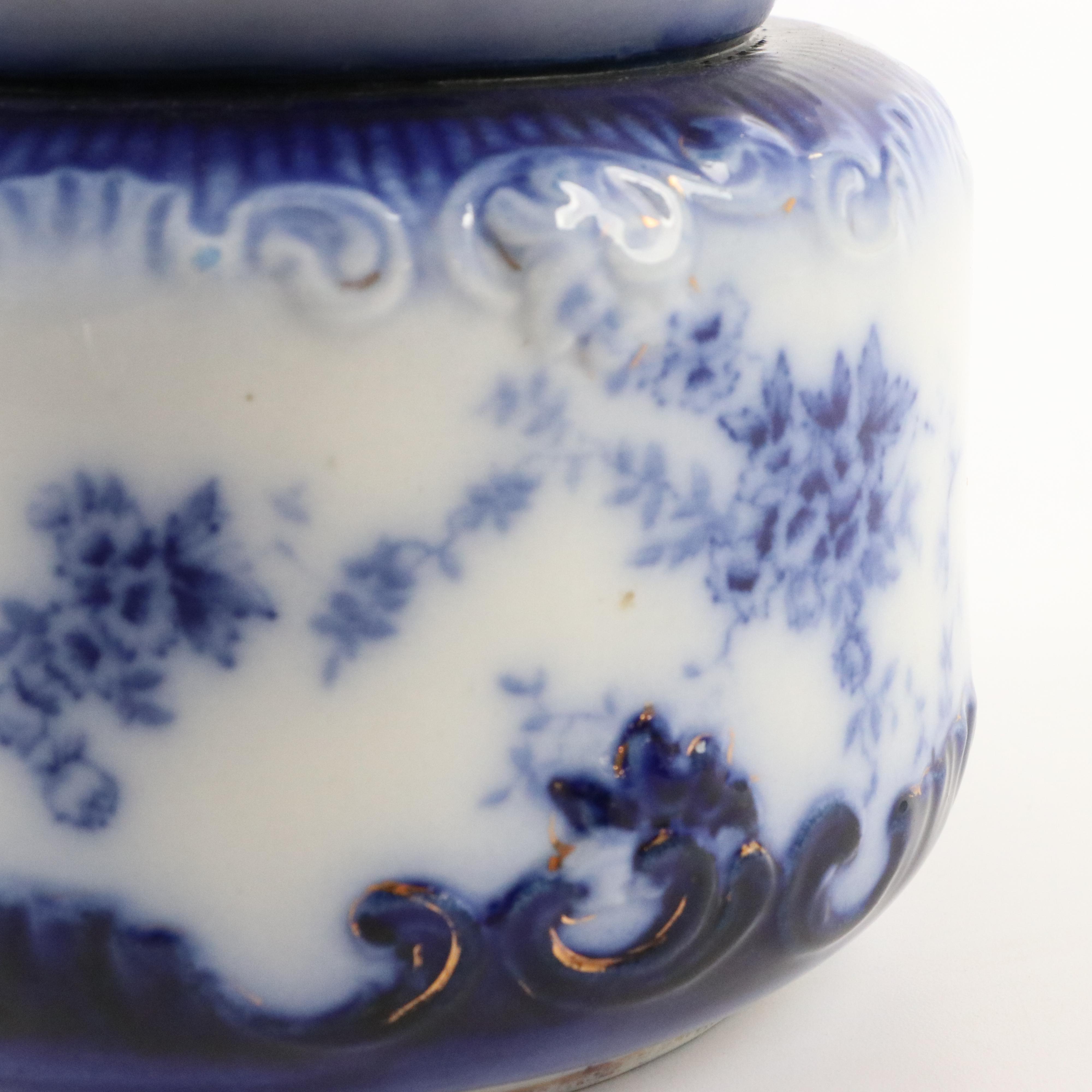 Wheeling Pottery "La Belle" Flow Blue Porcelain Spittoon and Chamber Pot