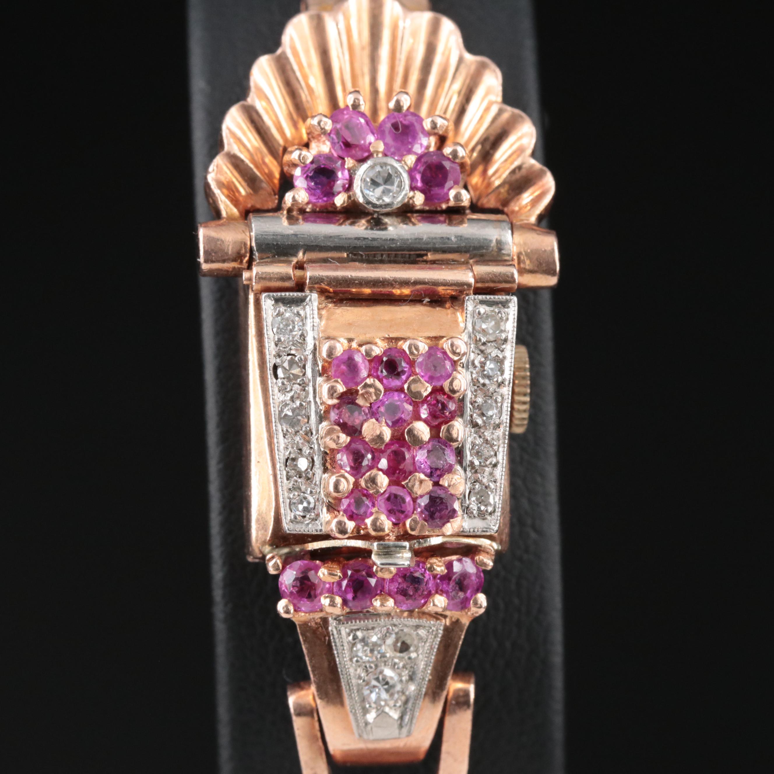 Retro Gotham 14K Rose Gold Ruby and Diamond Watch