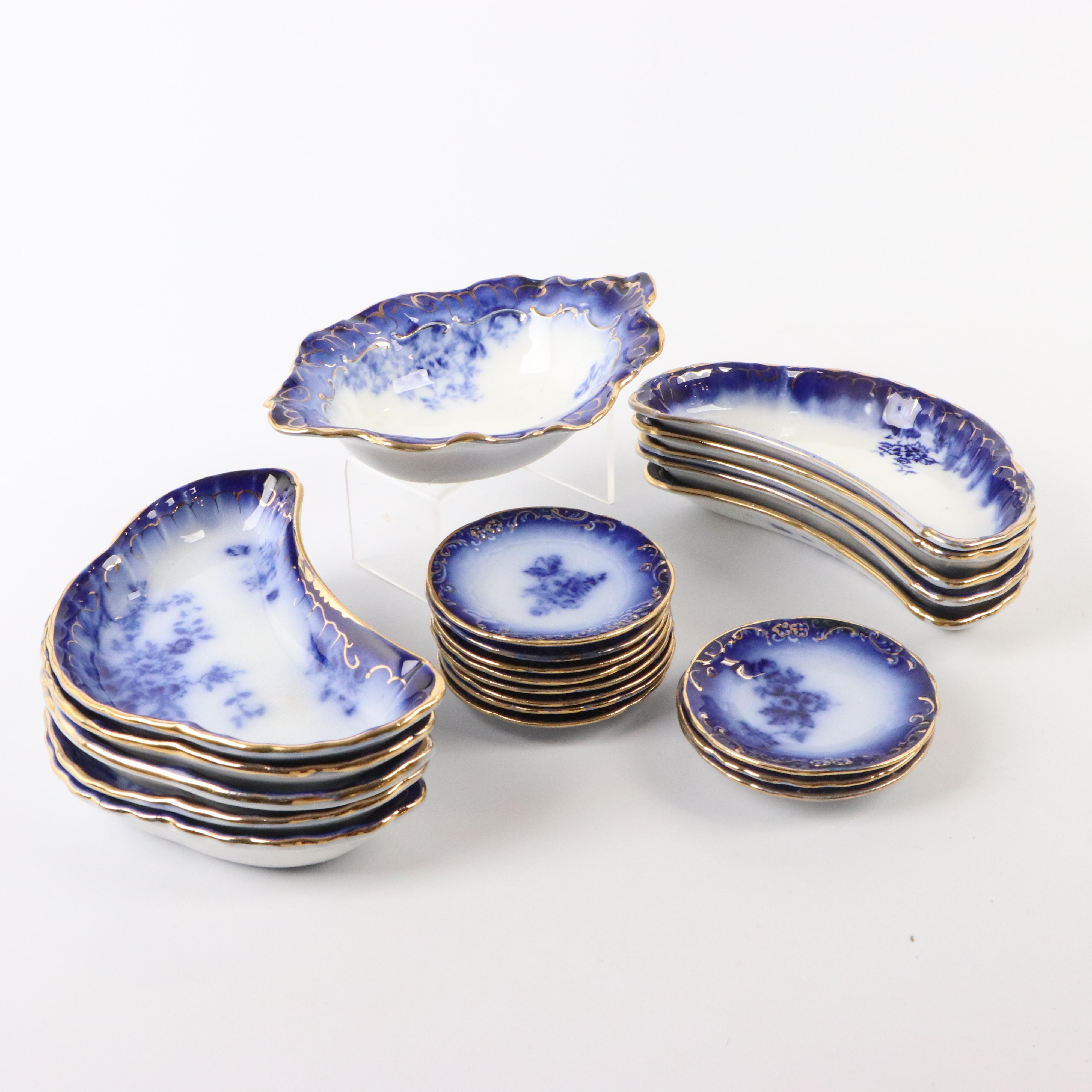 Wheeling Pottery "La Belle" China Flow Blue Bone Plates, Butter Pats and Bowl