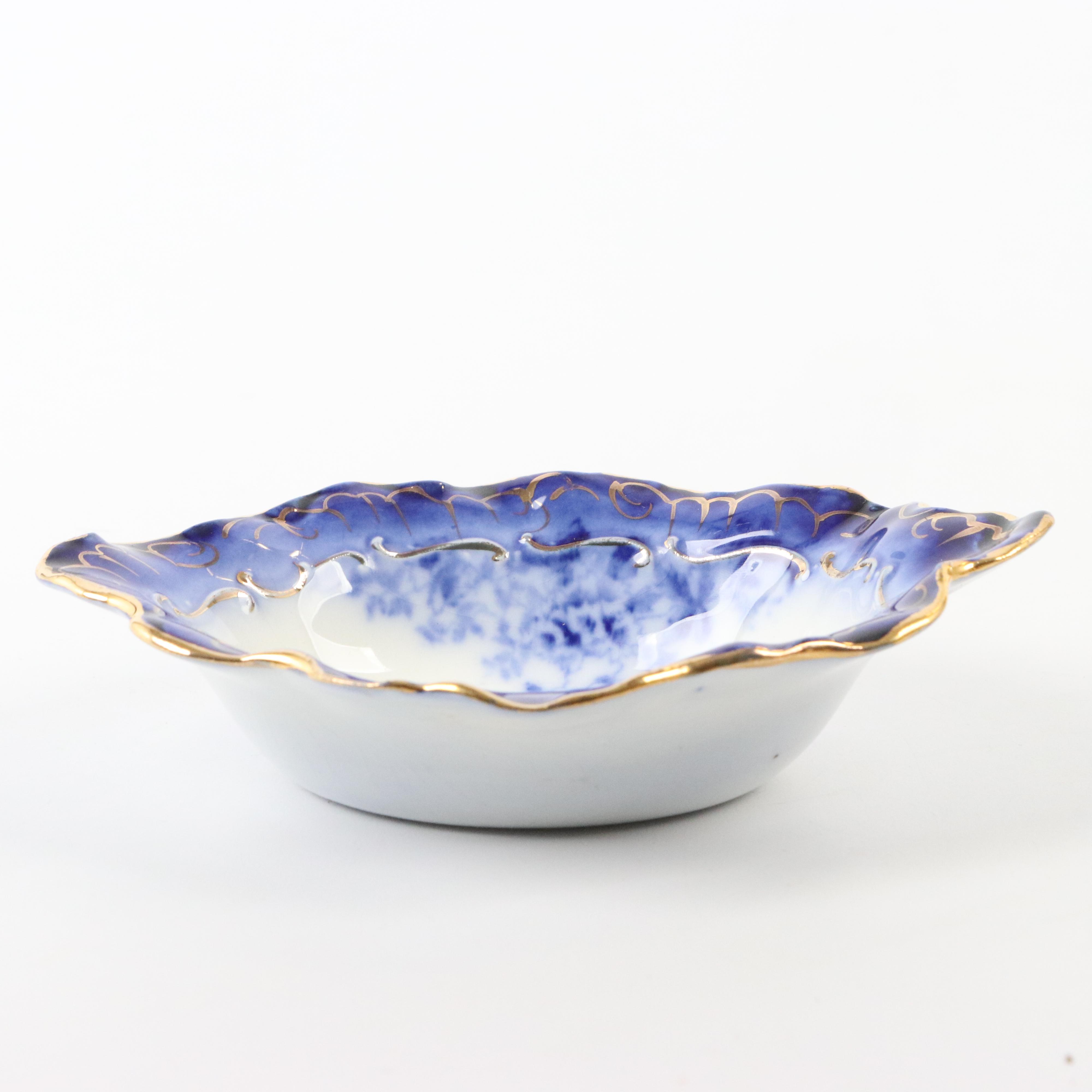 Wheeling Pottery "La Belle" China Flow Blue Bone Plates, Butter Pats and Bowl