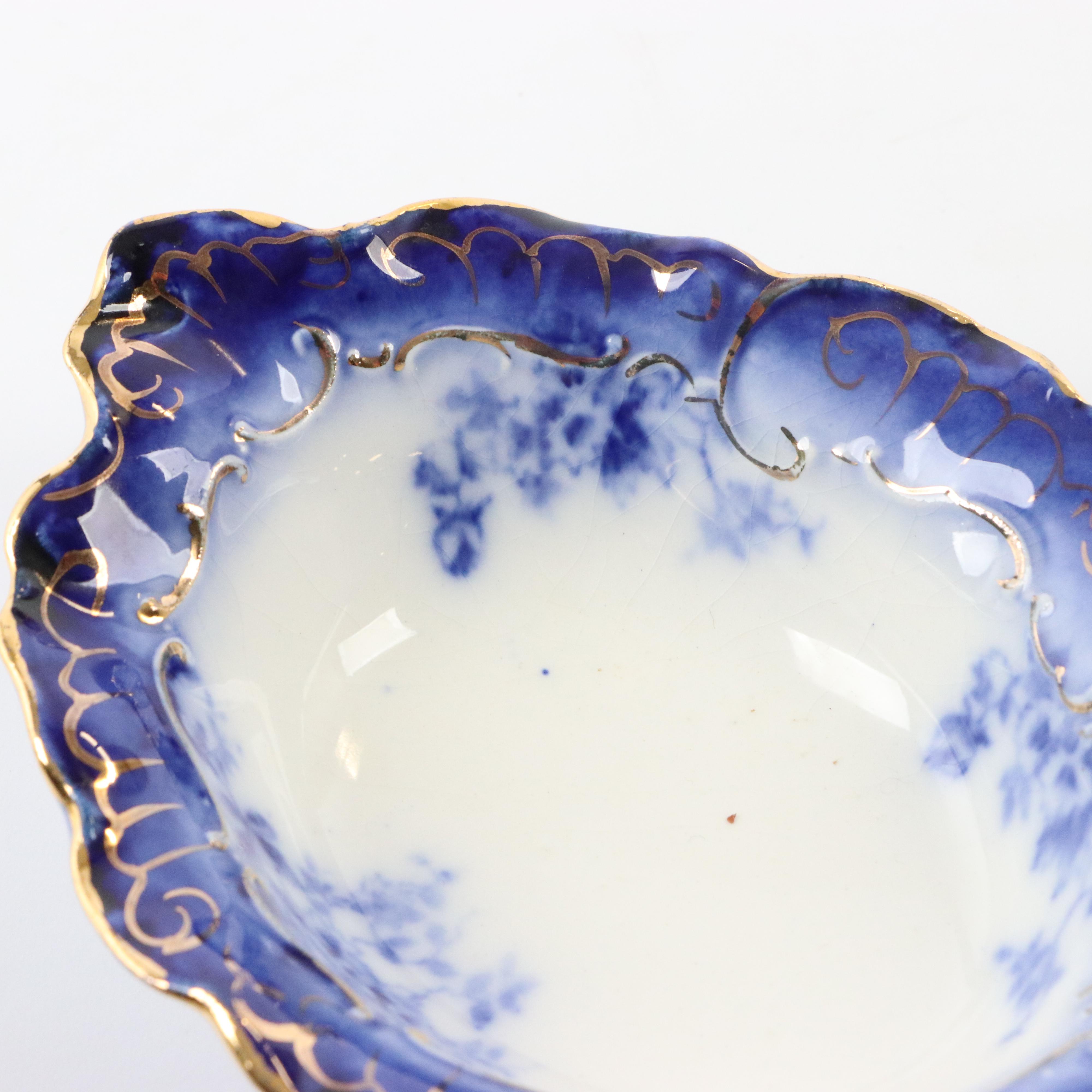 Wheeling Pottery "La Belle" China Flow Blue Bone Plates, Butter Pats and Bowl