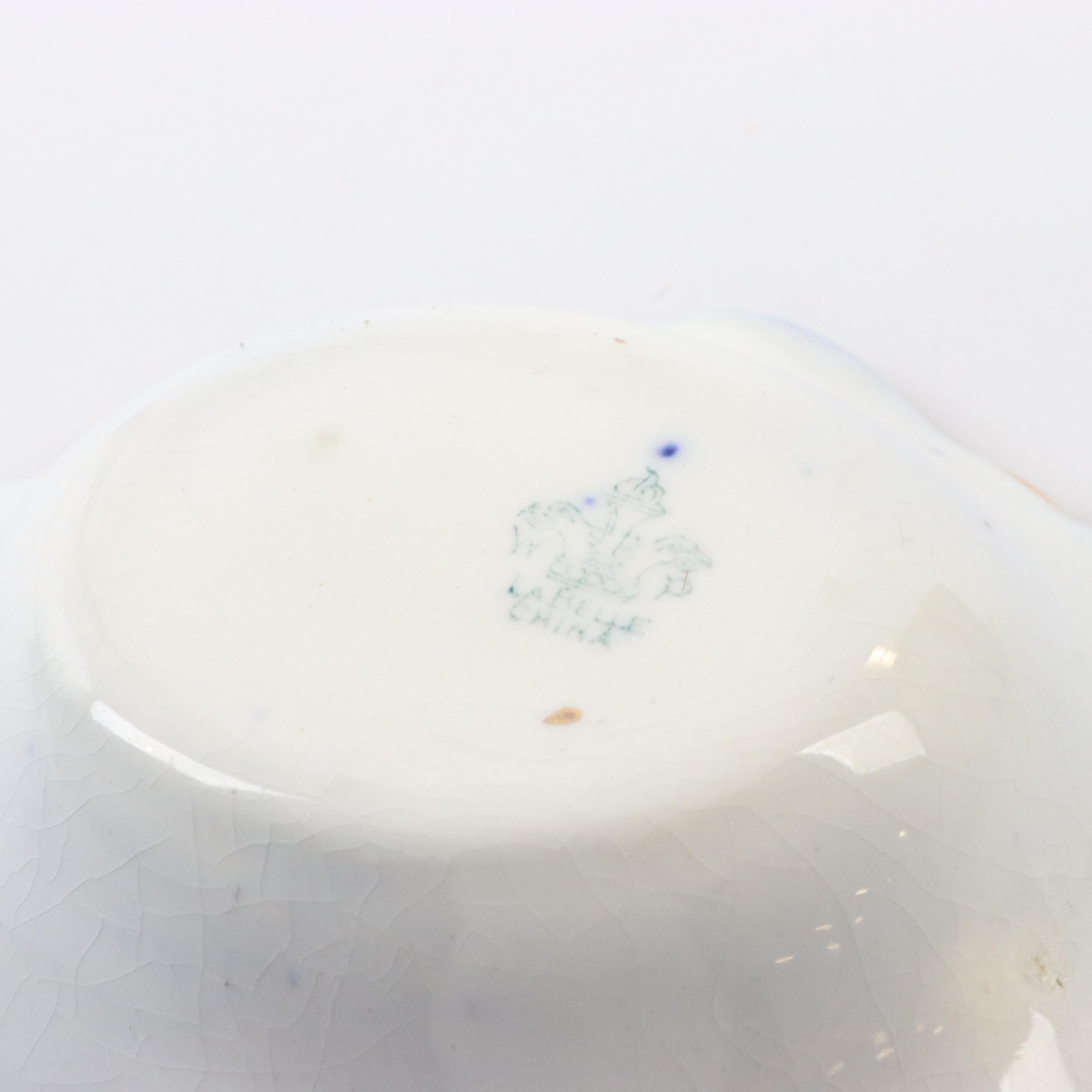 Wheeling Pottery "La Belle" China Flow Blue Bone Plates, Butter Pats and Bowl