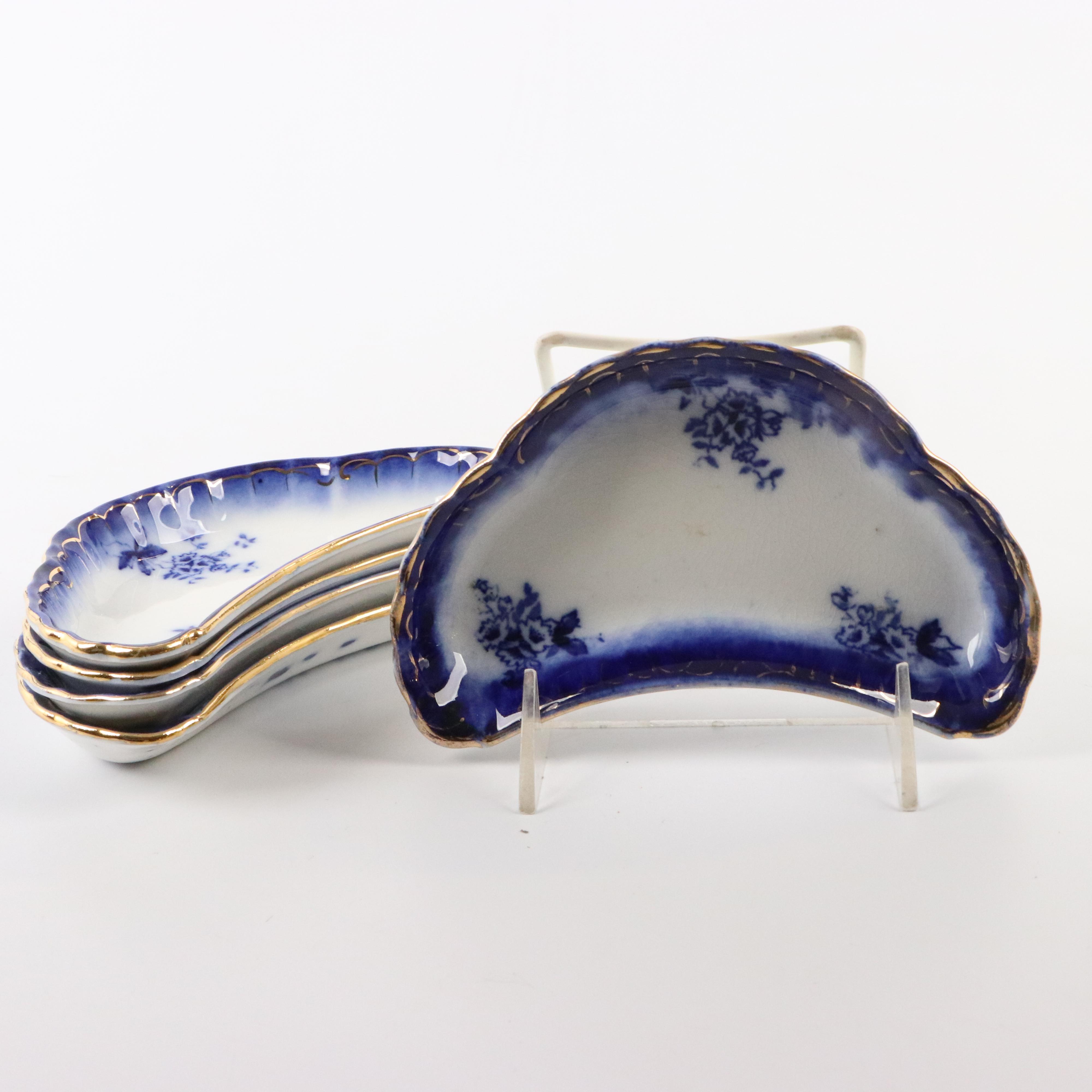 Wheeling Pottery "La Belle" China Flow Blue Bone Plates, Butter Pats and Bowl