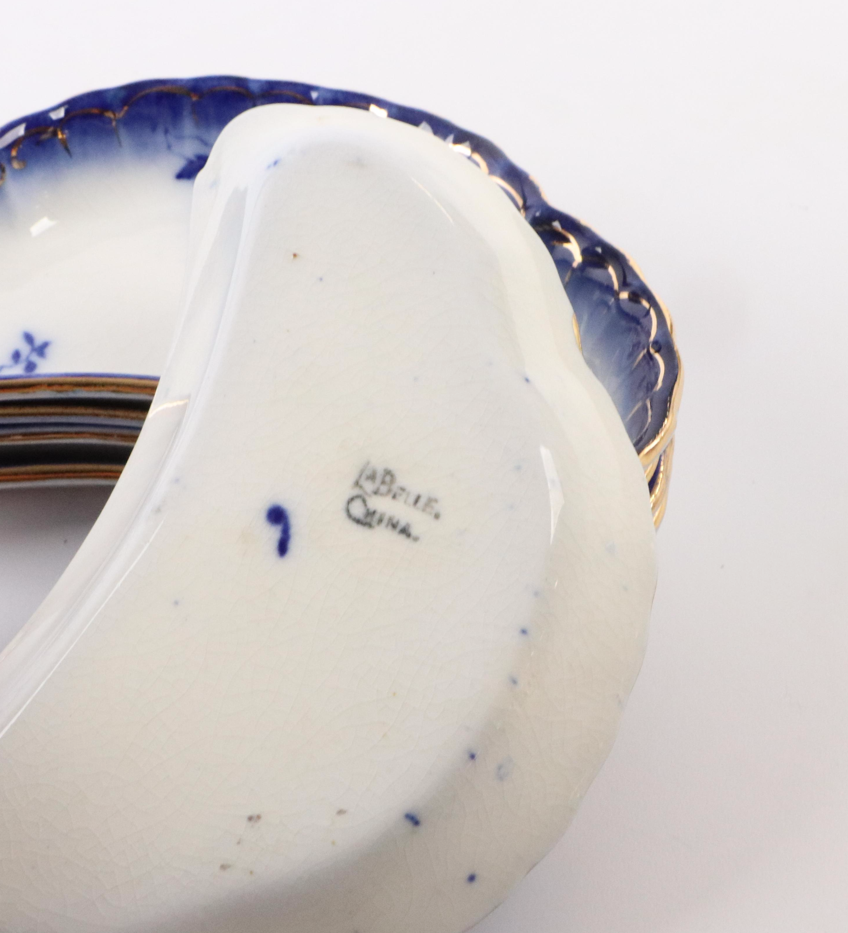 Wheeling Pottery "La Belle" China Flow Blue Bone Plates, Butter Pats and Bowl