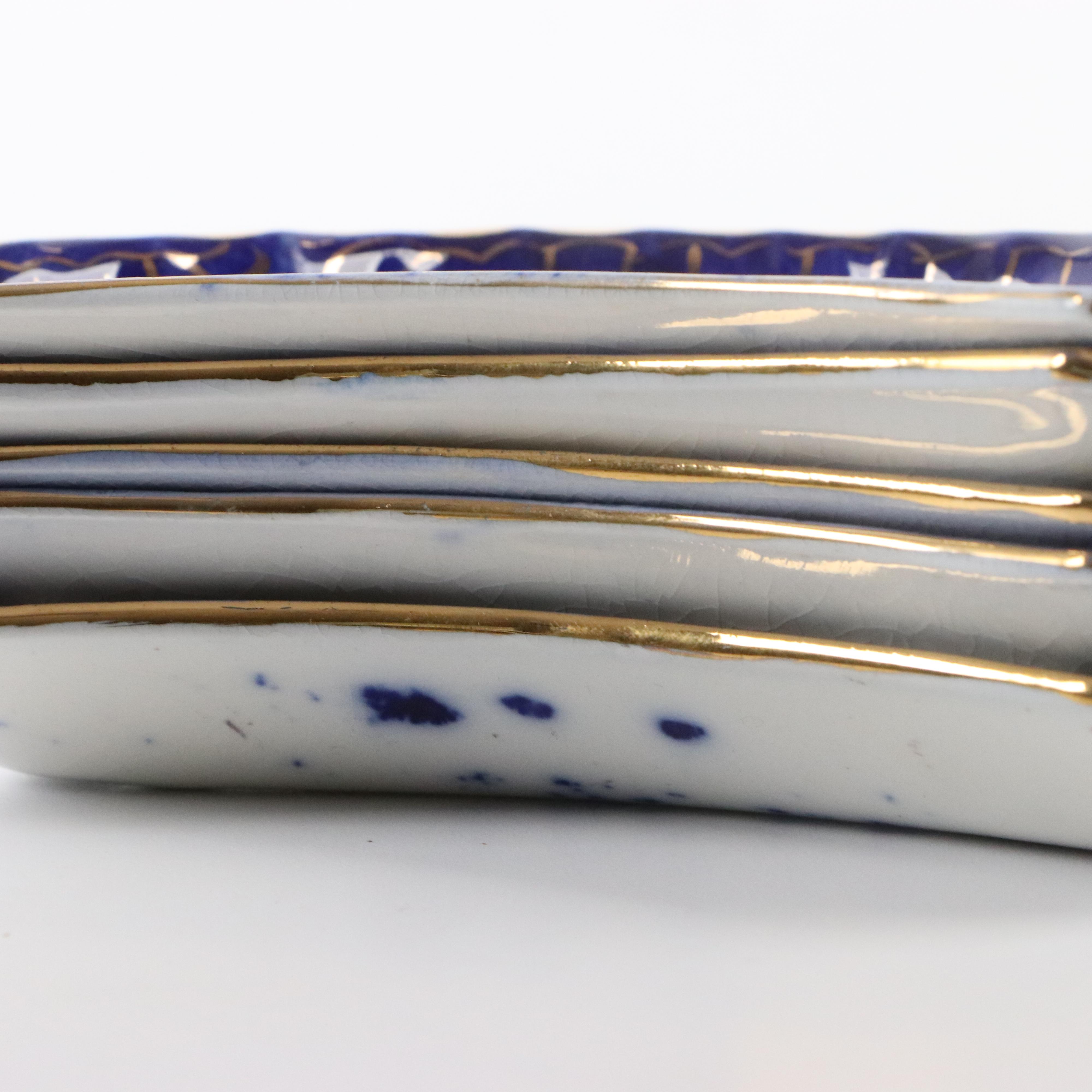 Wheeling Pottery "La Belle" China Flow Blue Bone Plates, Butter Pats and Bowl