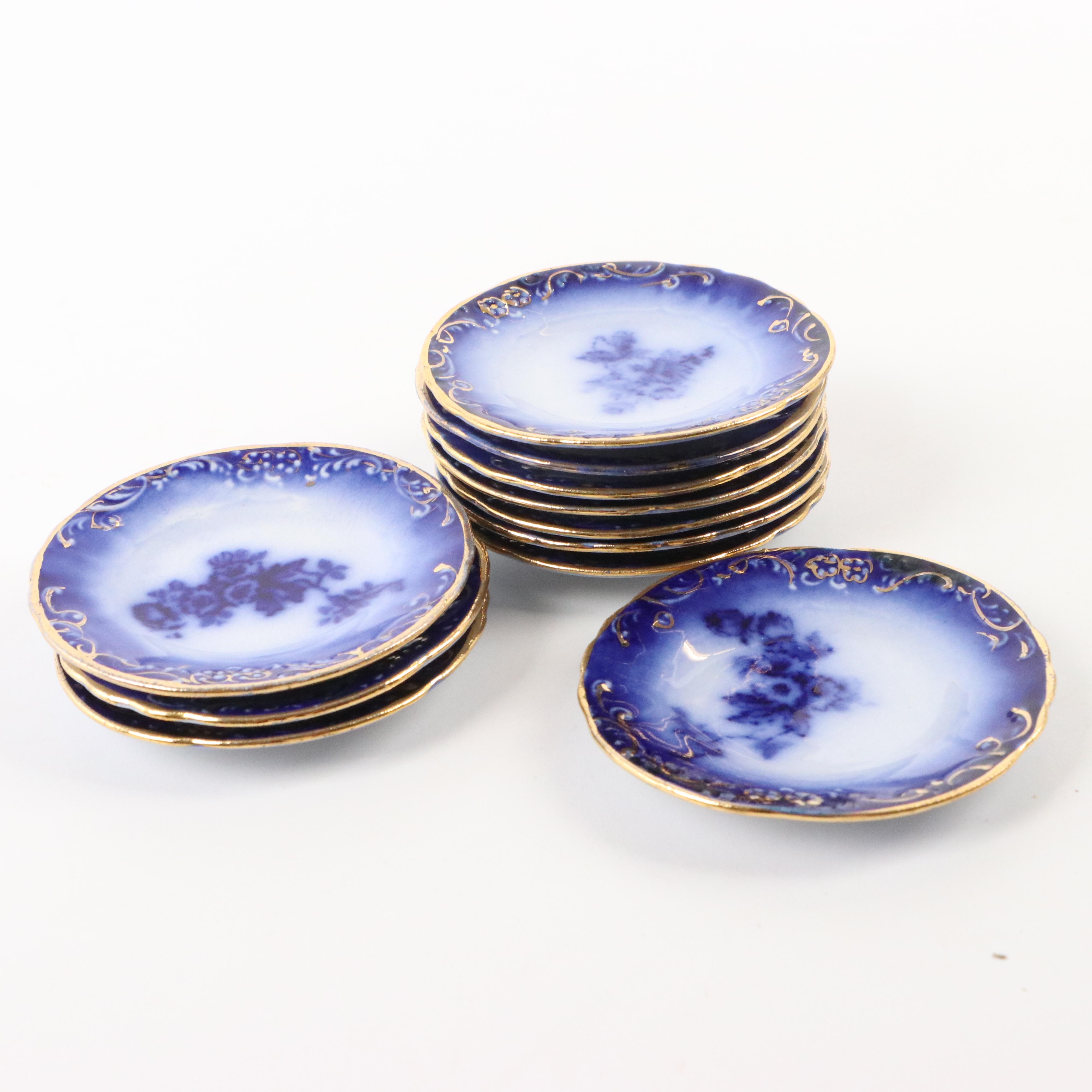 Wheeling Pottery "La Belle" China Flow Blue Bone Plates, Butter Pats and Bowl