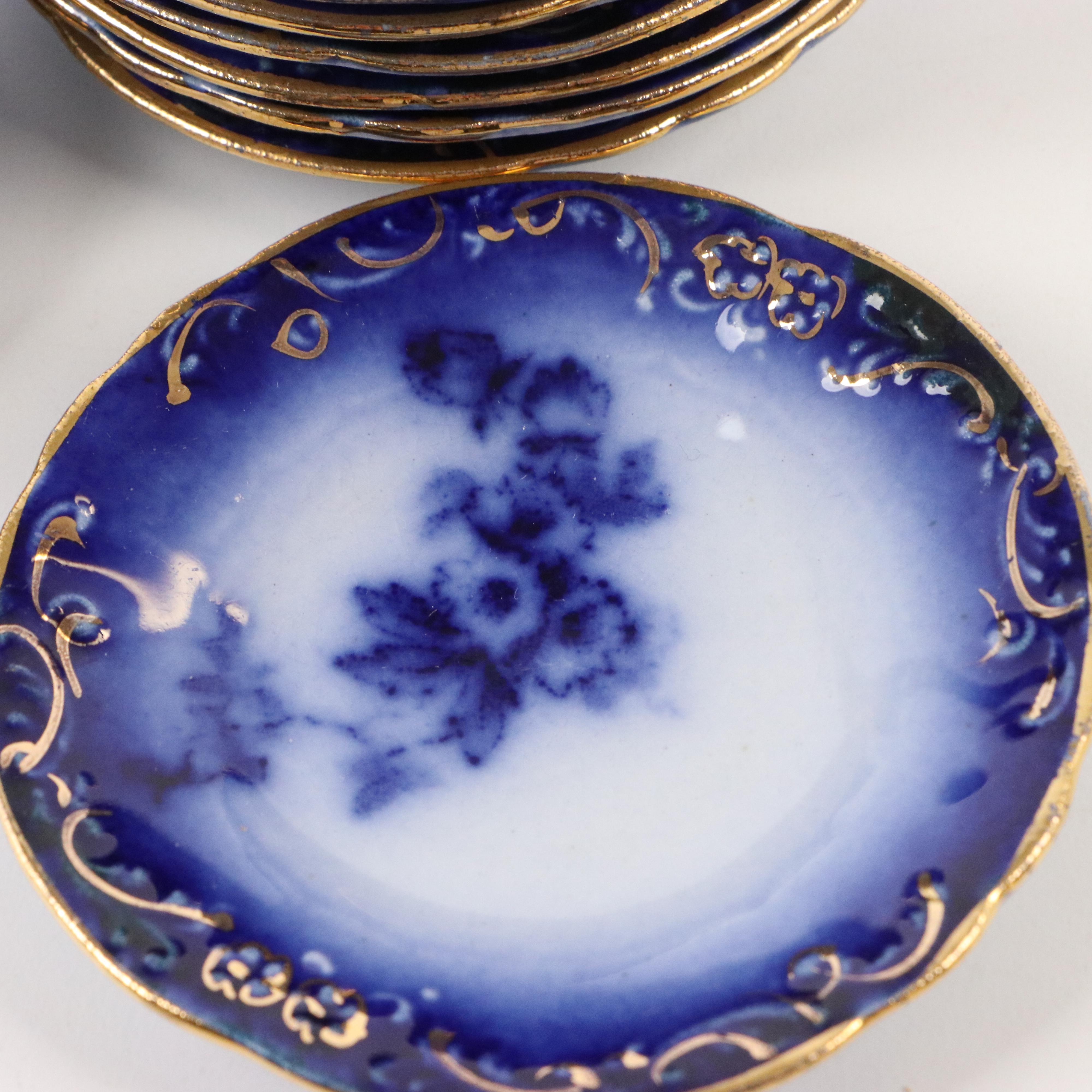 Wheeling Pottery "La Belle" China Flow Blue Bone Plates, Butter Pats and Bowl