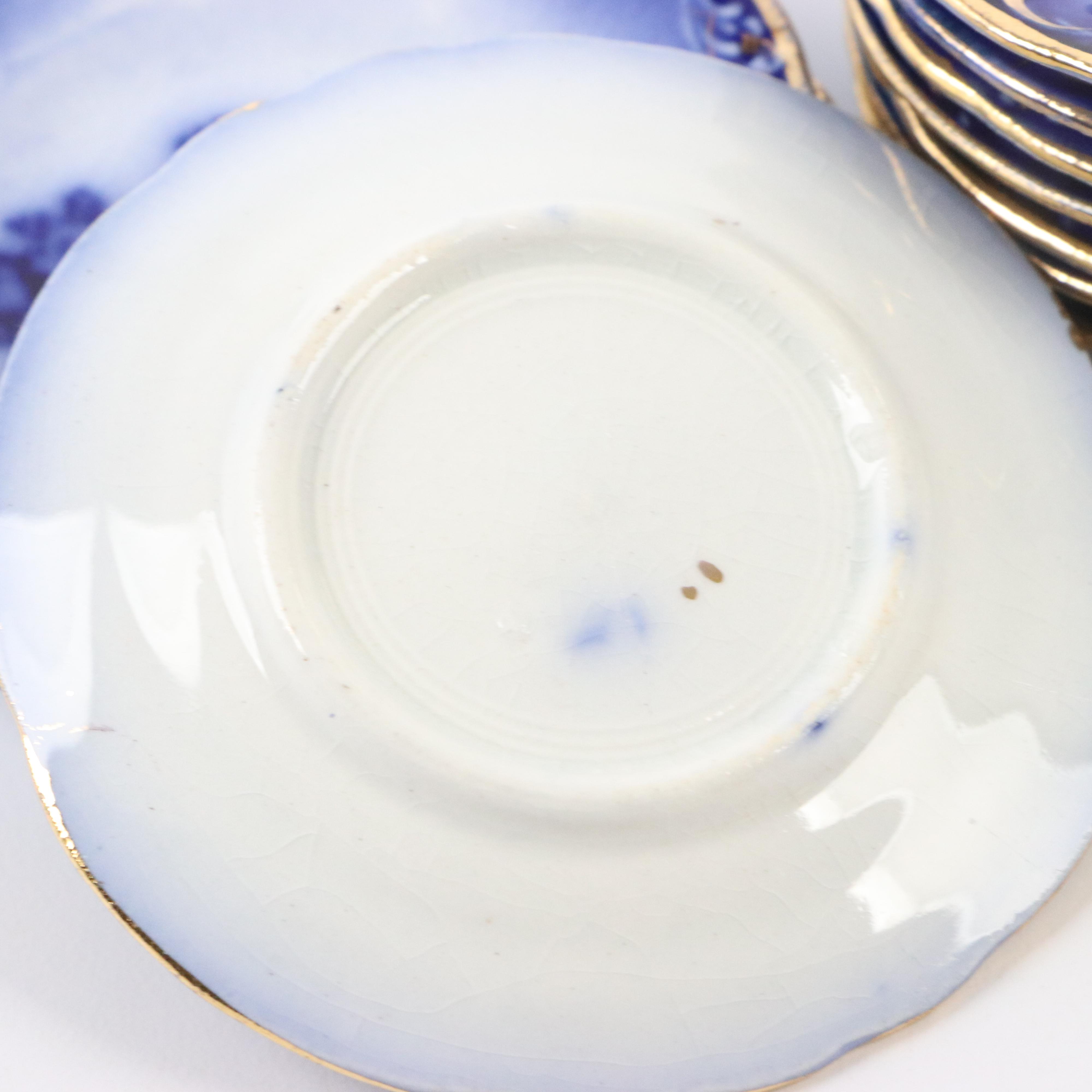 Wheeling Pottery "La Belle" China Flow Blue Bone Plates, Butter Pats and Bowl