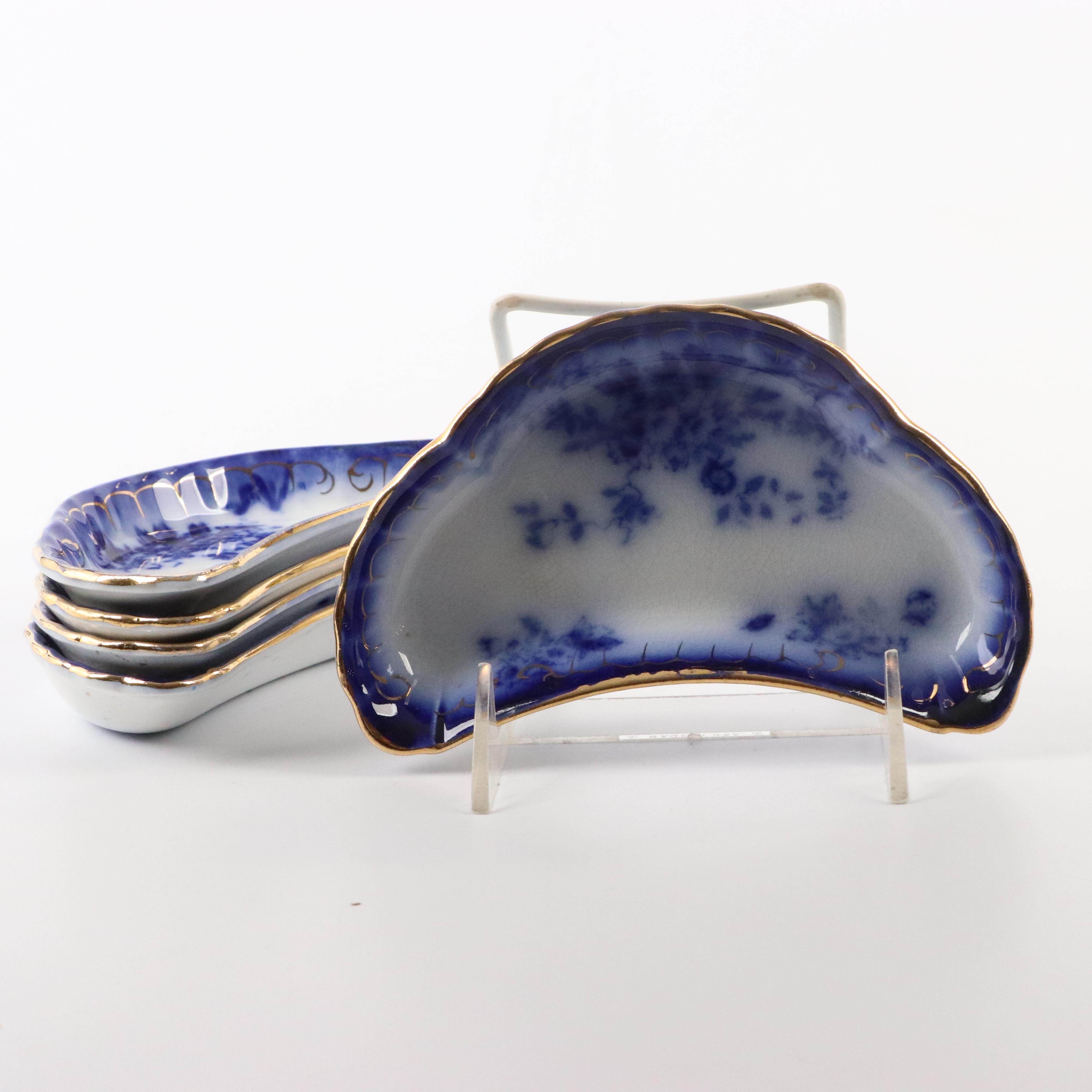 Wheeling Pottery "La Belle" China Flow Blue Bone Plates, Butter Pats and Bowl