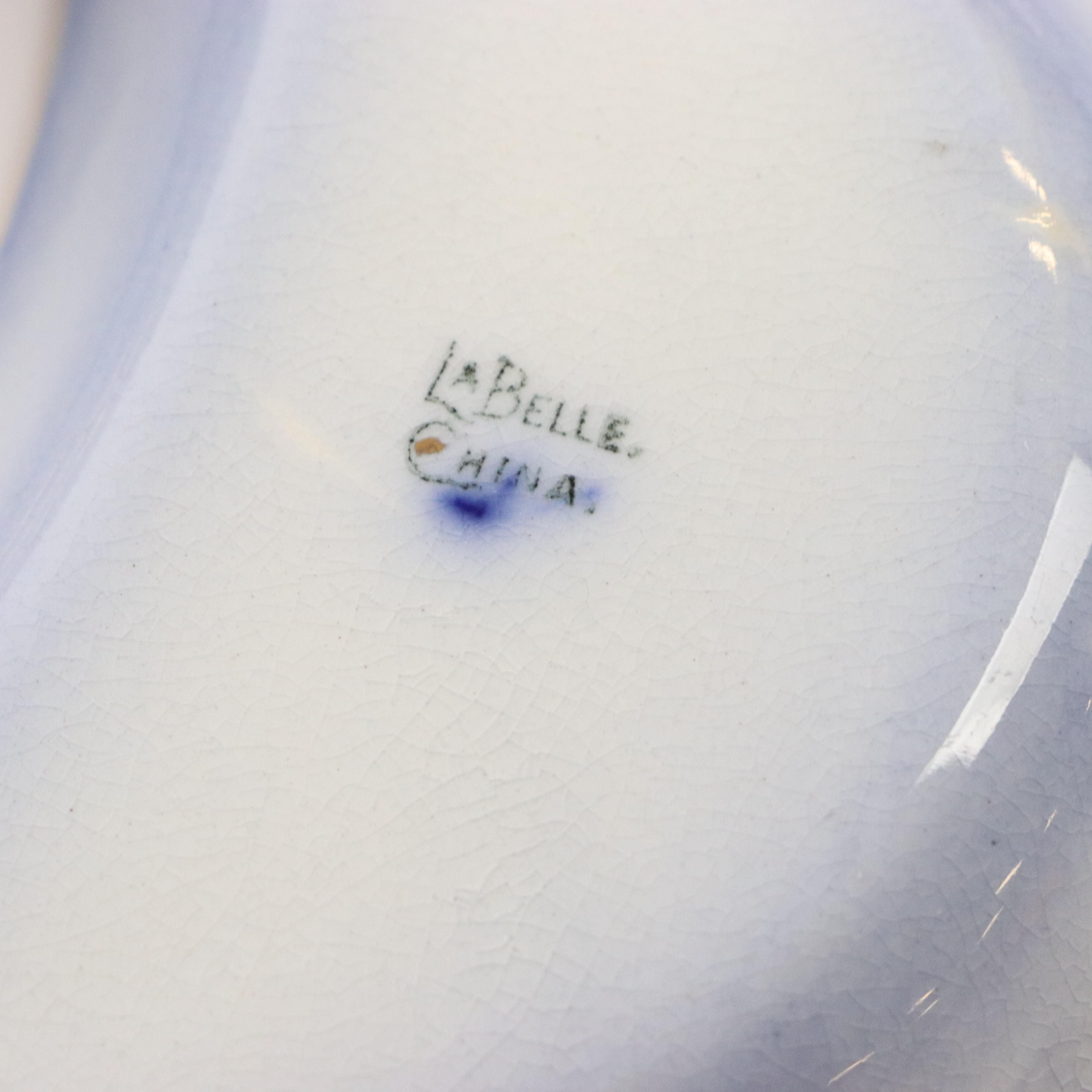 Wheeling Pottery "La Belle" China Flow Blue Bone Plates, Butter Pats and Bowl