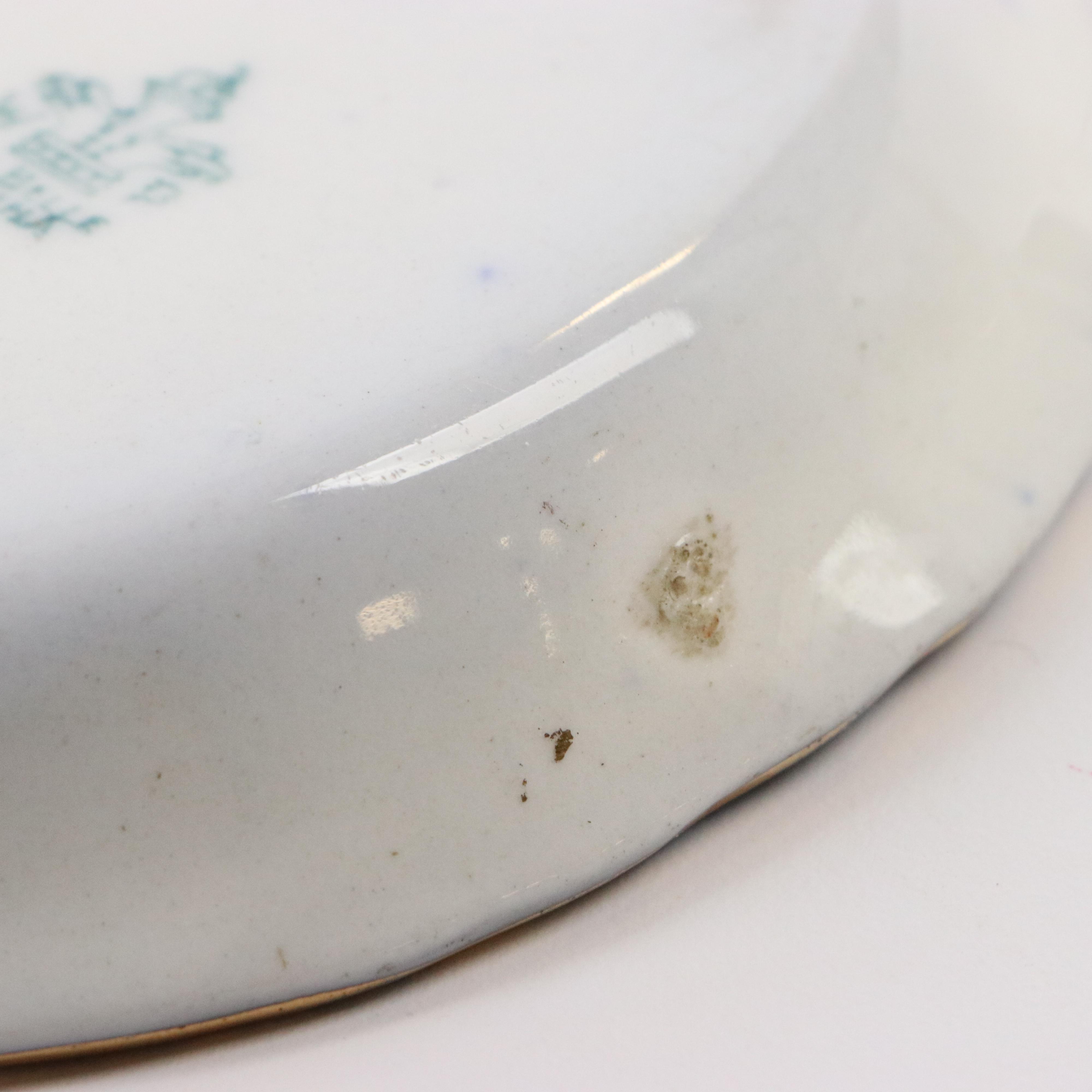 Wheeling Pottery "La Belle" China Flow Blue Bone Plates, Butter Pats and Bowl