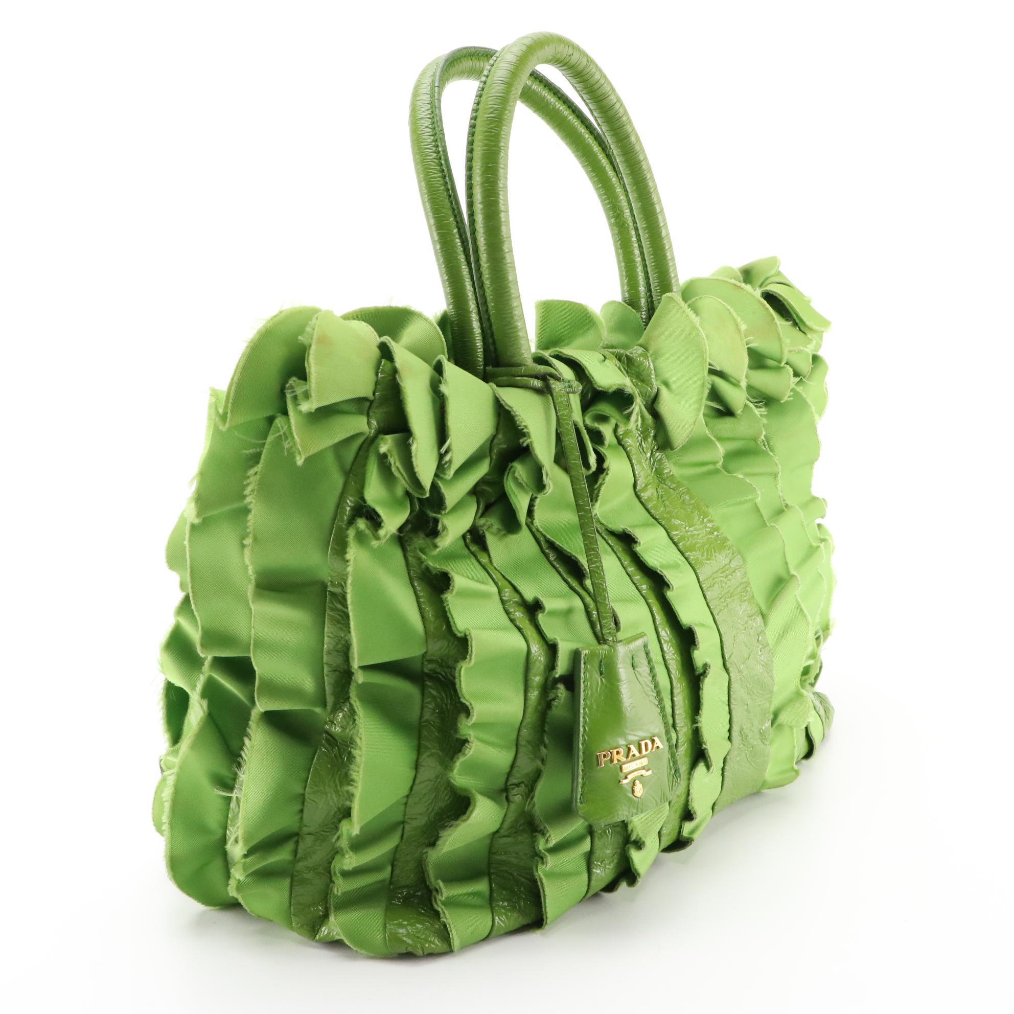 Prada Kelly Green Ruffled Tessuto and Patent Leather Top Handle Handbag
