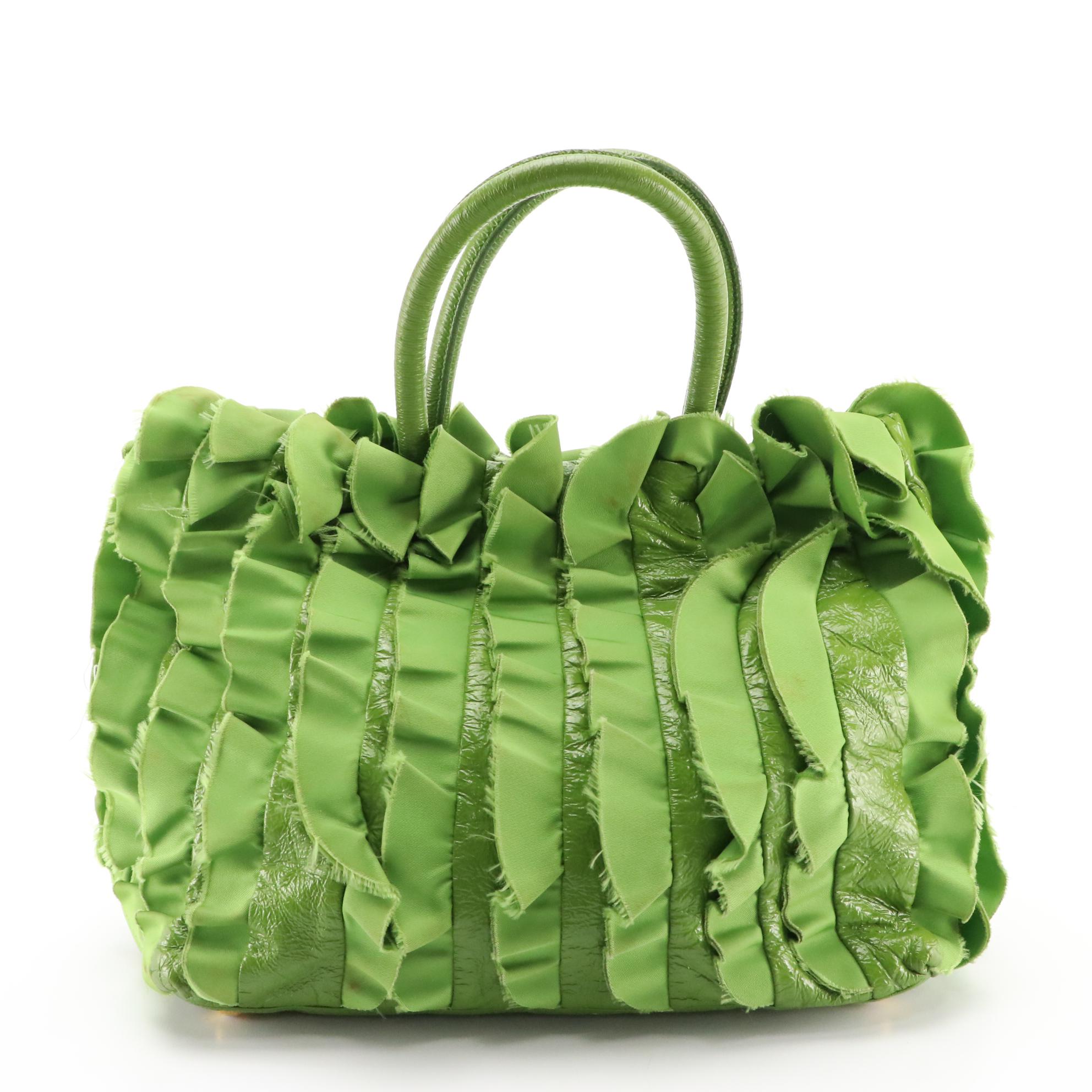 Prada Kelly Green Ruffled Tessuto and Patent Leather Top Handle Handbag