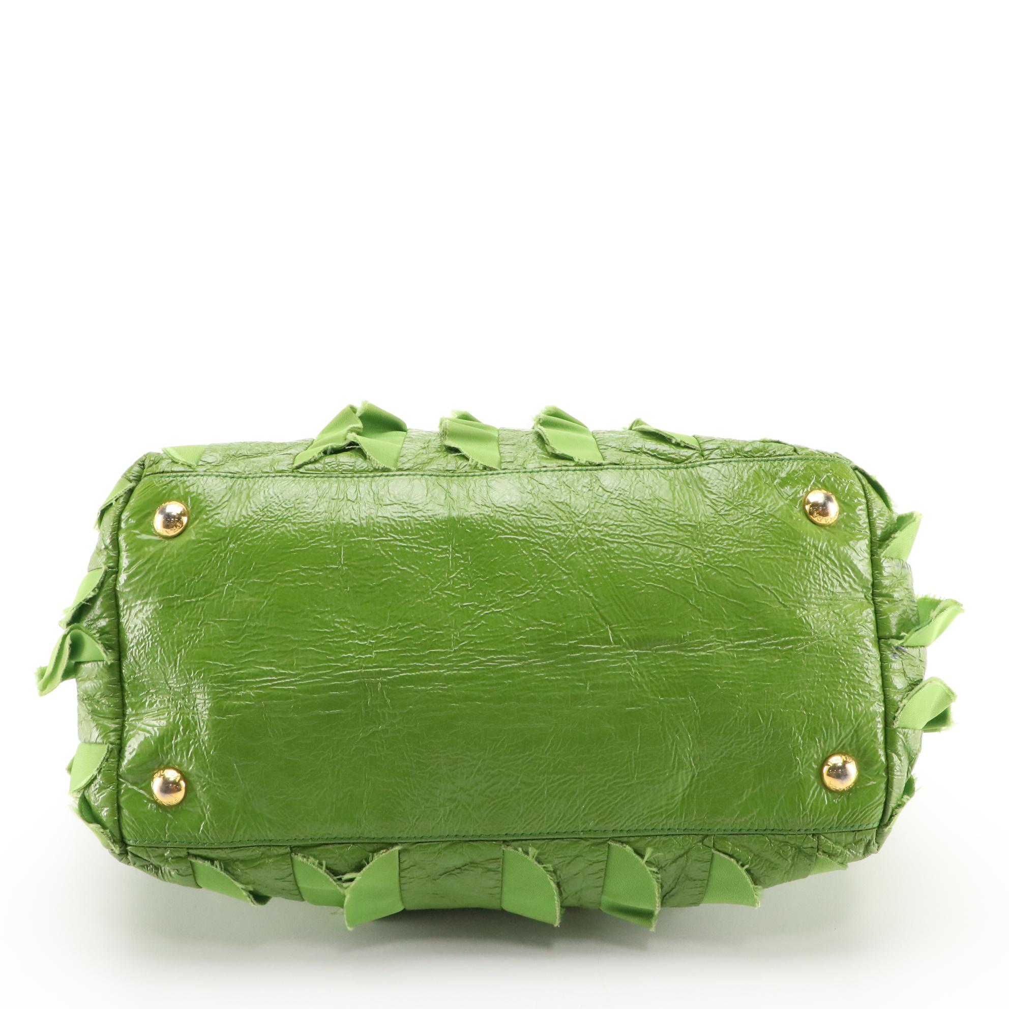 Prada Kelly Green Ruffled Tessuto and Patent Leather Top Handle Handbag