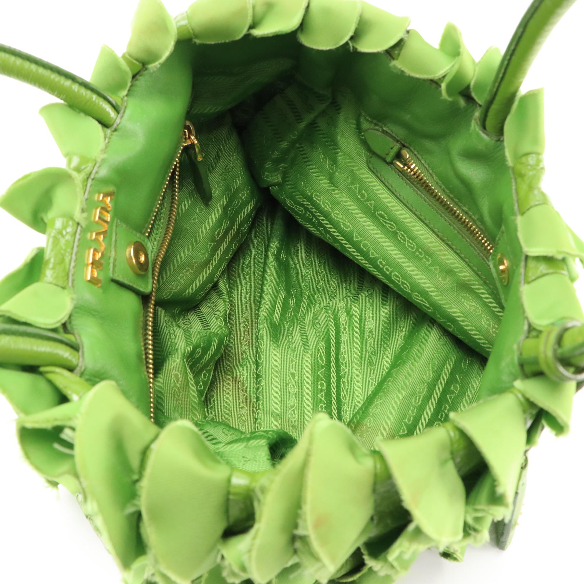 Prada Kelly Green Ruffled Tessuto and Patent Leather Top Handle Handbag