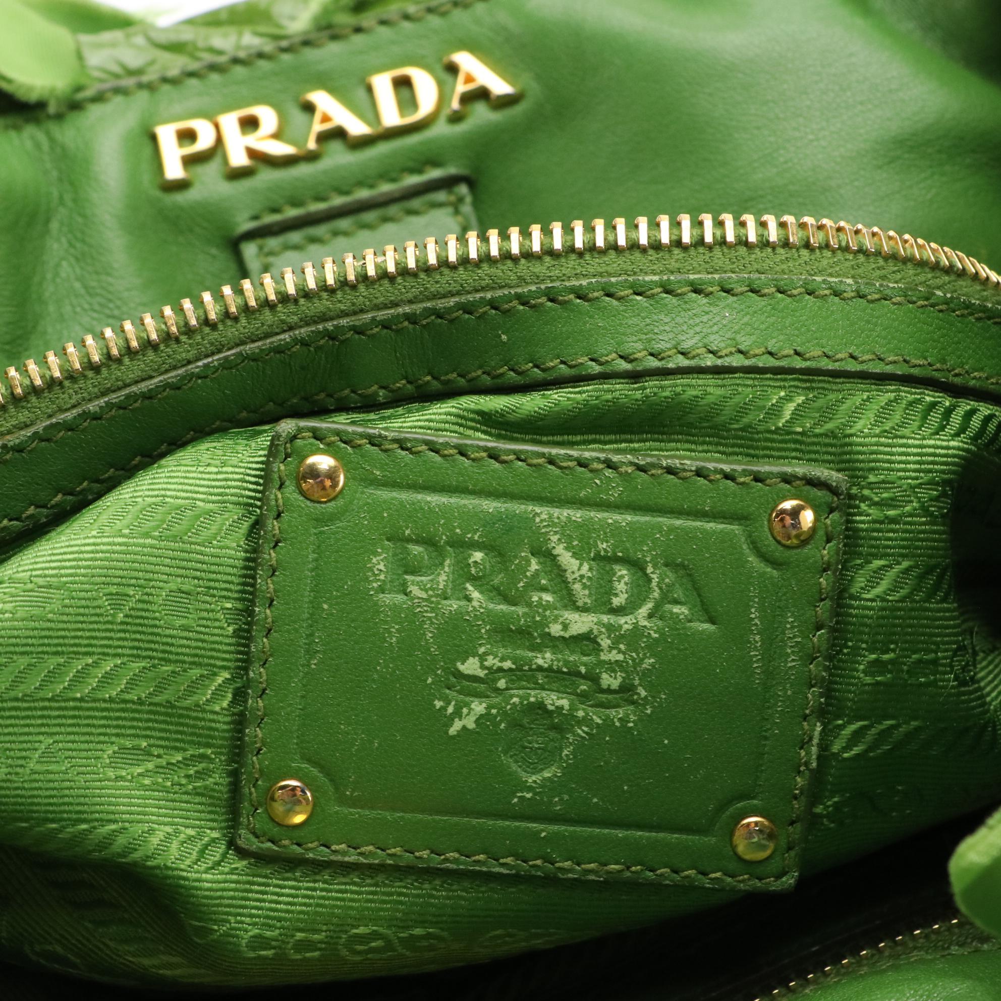 Prada Kelly Green Ruffled Tessuto and Patent Leather Top Handle Handbag